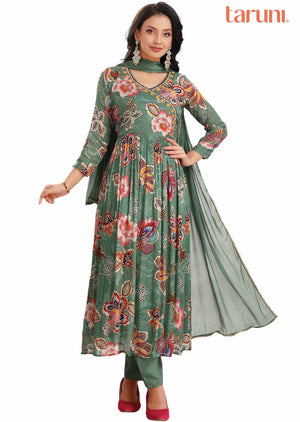 Dusty green Chinnon Embroidered Alia cut Anarkali