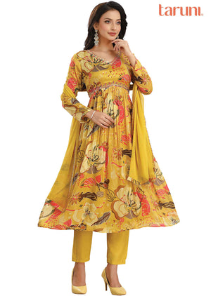 Yellow Chinnon Embroidered Alia cut Anarkali