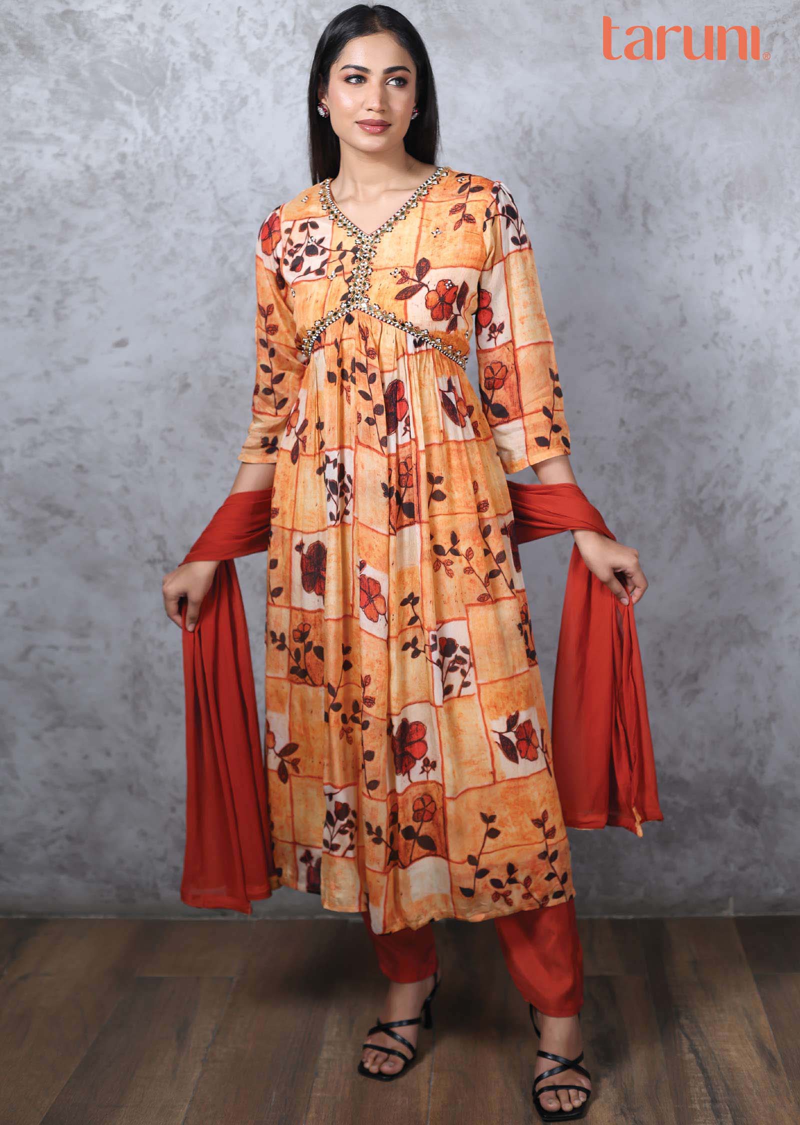 Light Orange & Rust Chinnon Printed Alia cut Anarkali