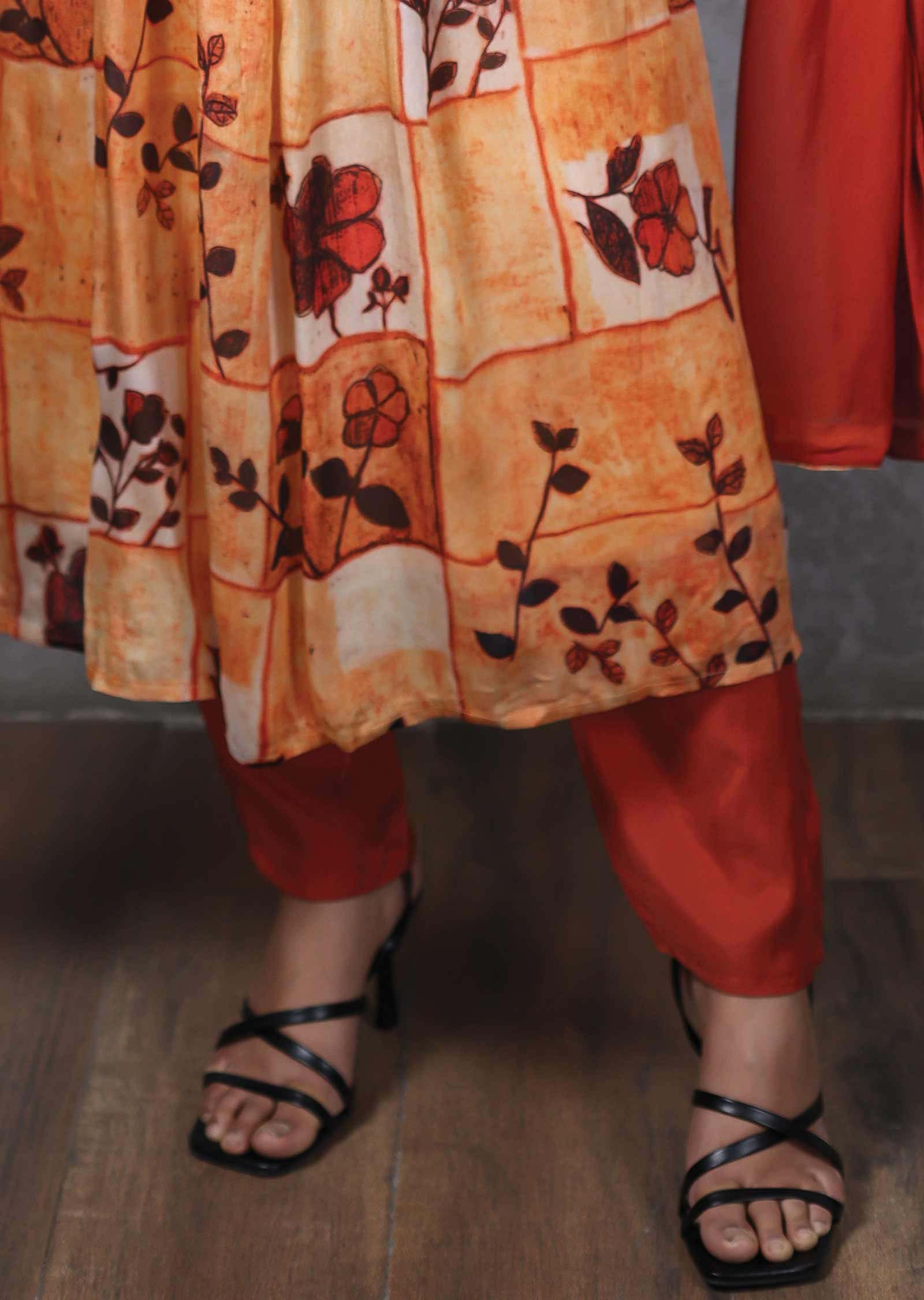 Light Orange & Rust Chinnon Printed Alia cut Anarkali