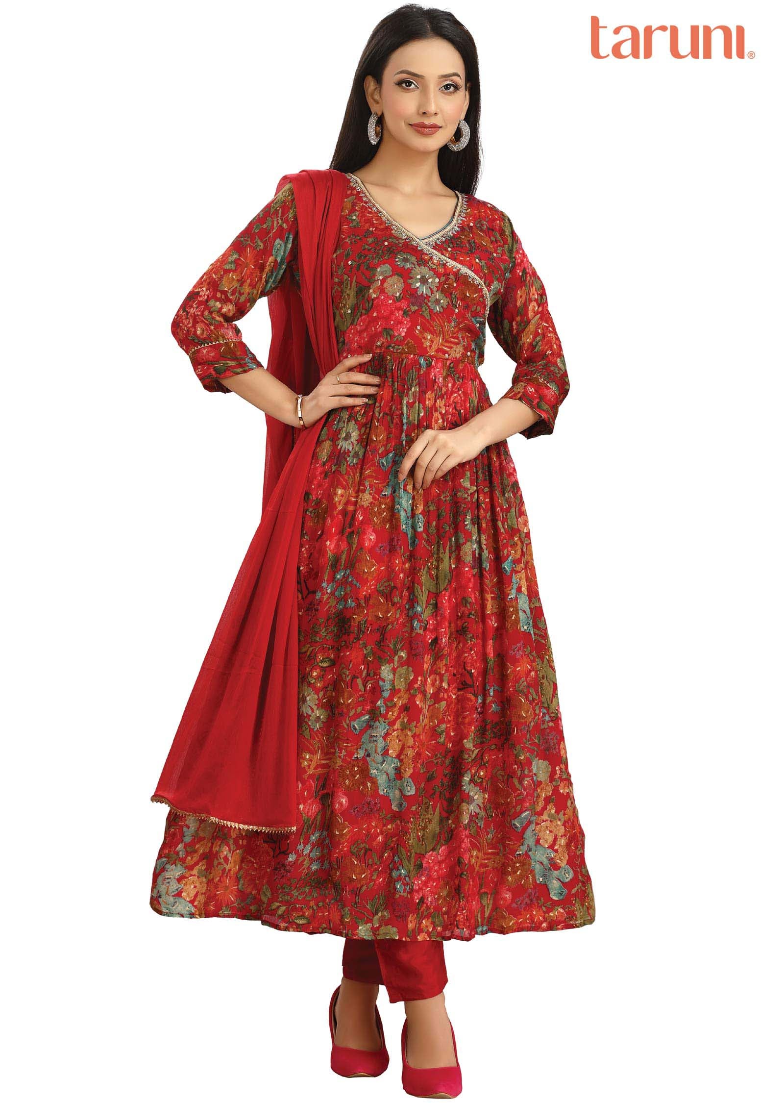 Red & Multi Color Chinnon Zardosi & Embroidered Angrakha Anarkali