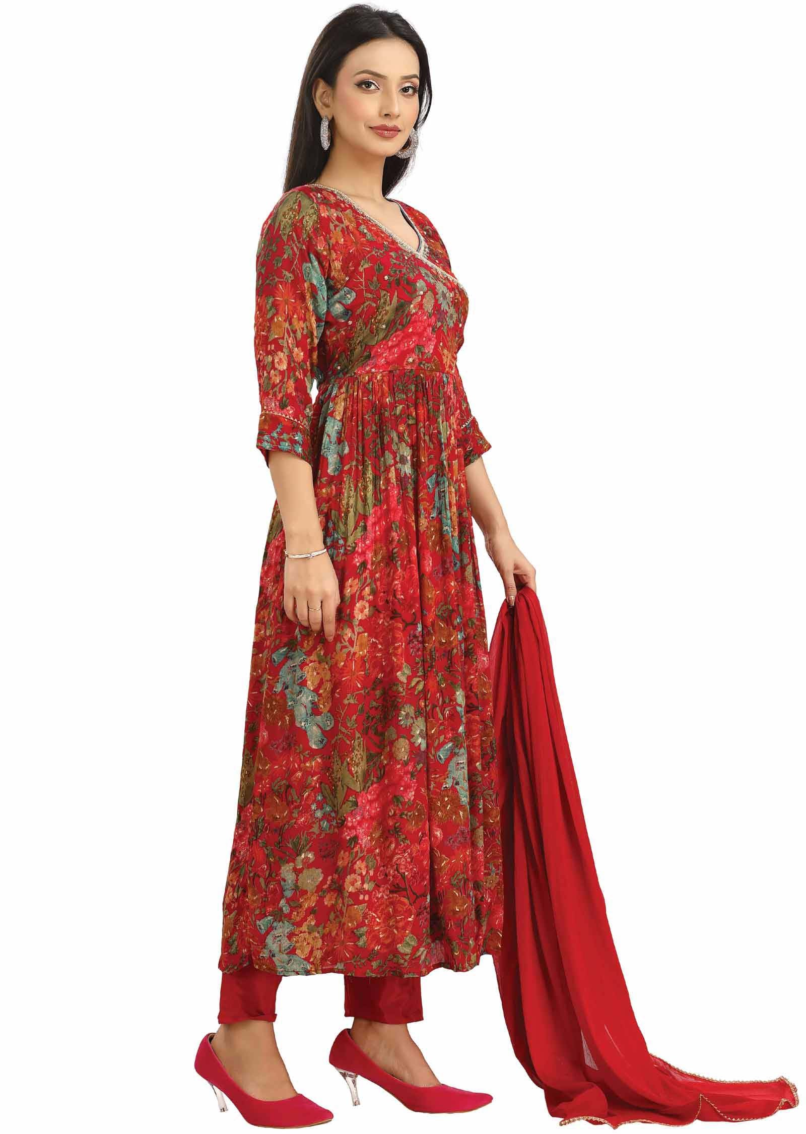 Red & Multi Color Chinnon Zardosi & Embroidered Angrakha Anarkali