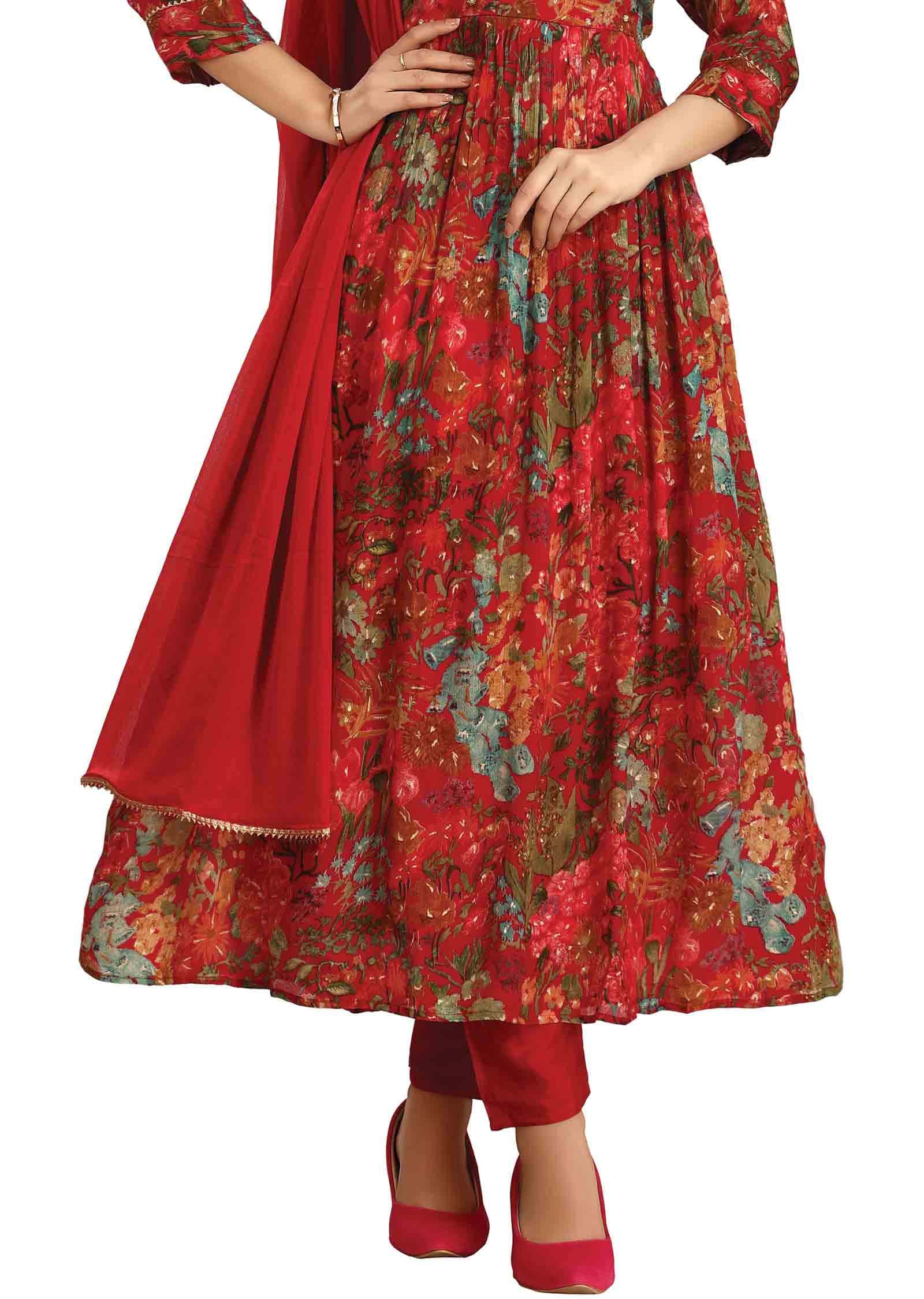 Red & Multi Color Chinnon Zardosi & Embroidered Angrakha Anarkali