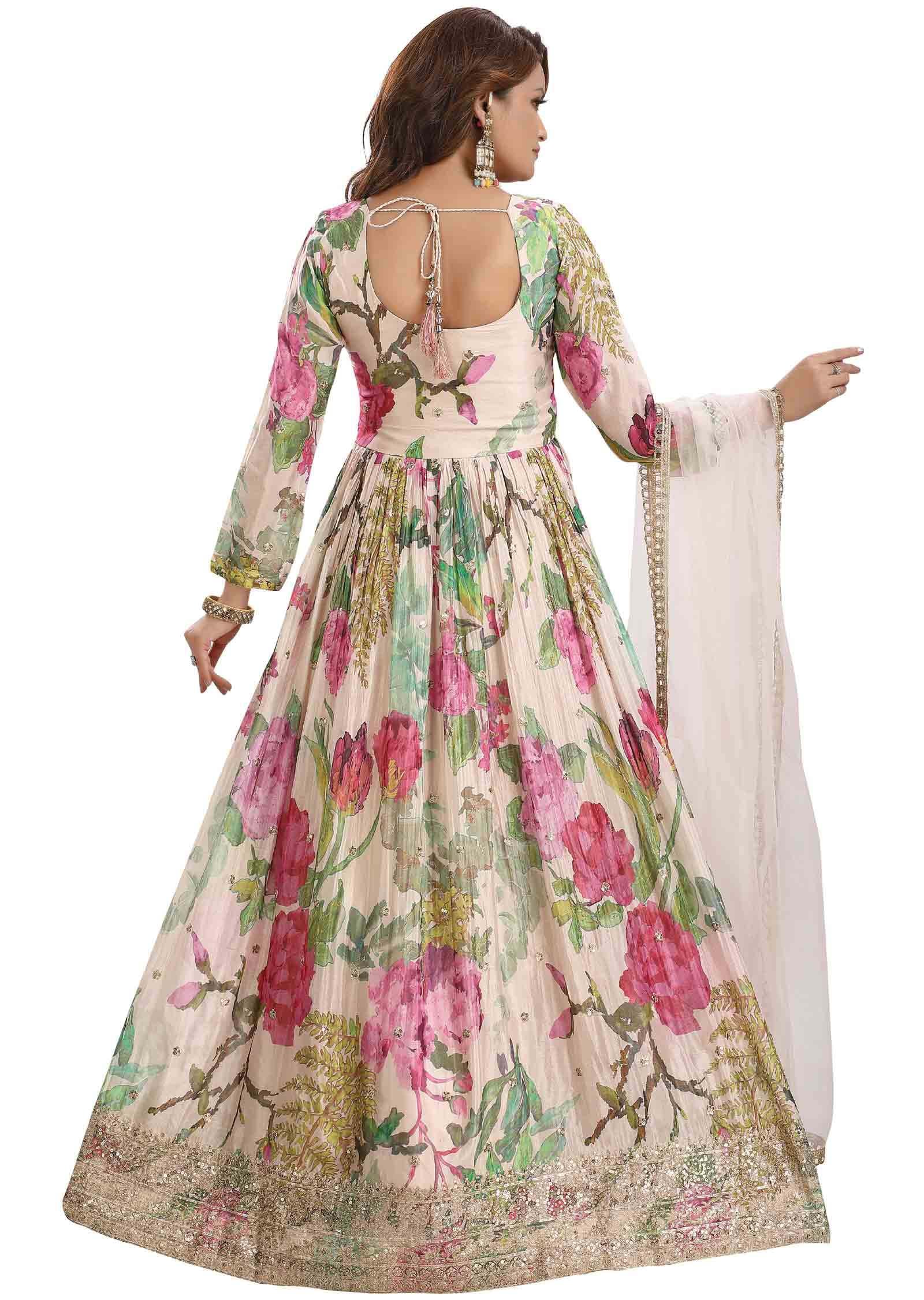 Fawn & Multi Color Chinnon Embroidered Angrakha Anarkali