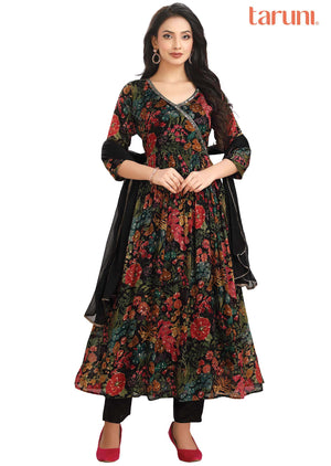 Black & Multi Color Chinnon Embroidered Nayara Cut