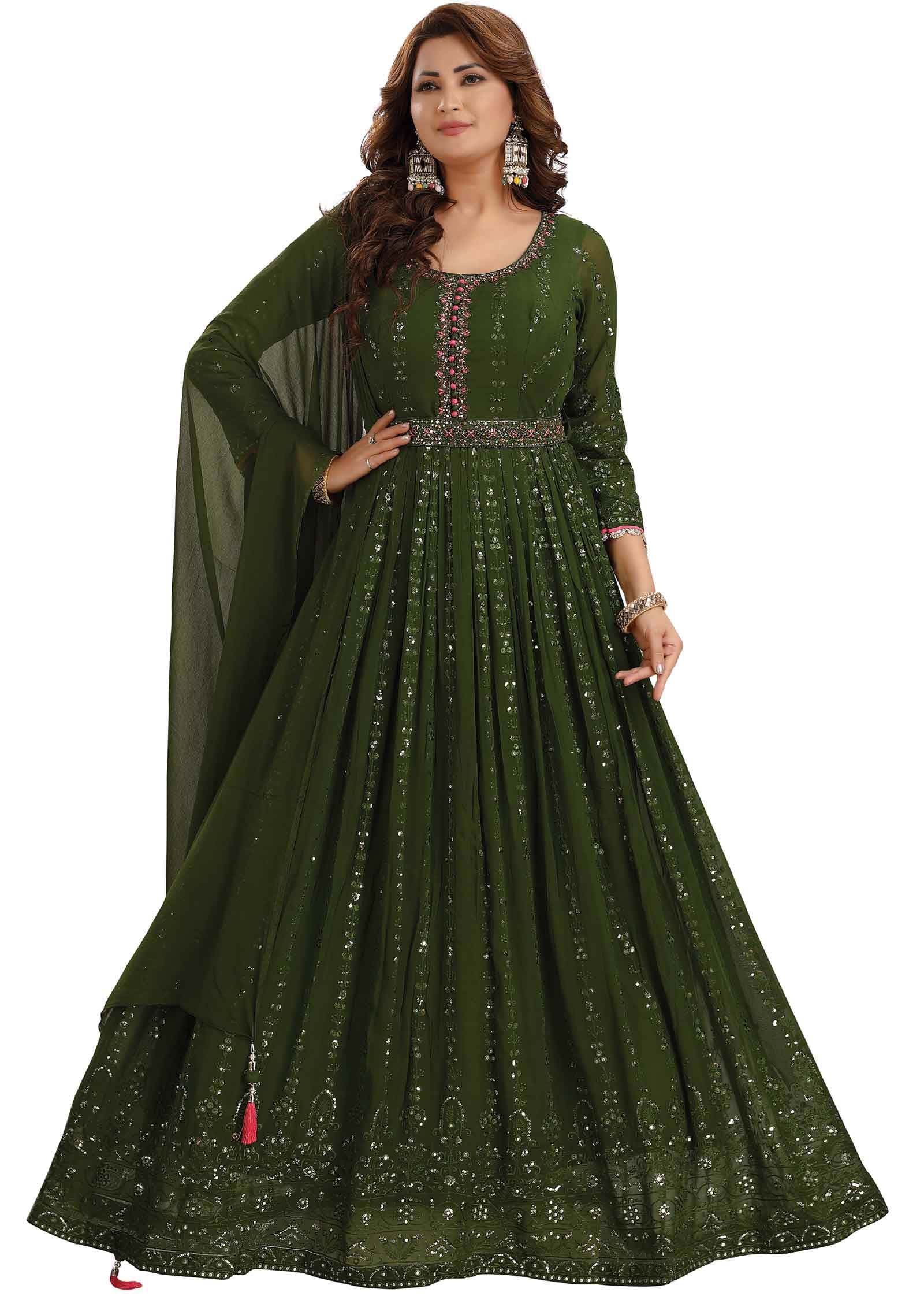 Mehendi Green Georgette Embroidered Anarkali