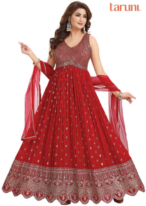 Red Georgette Embroidered Alia cut Anarkali