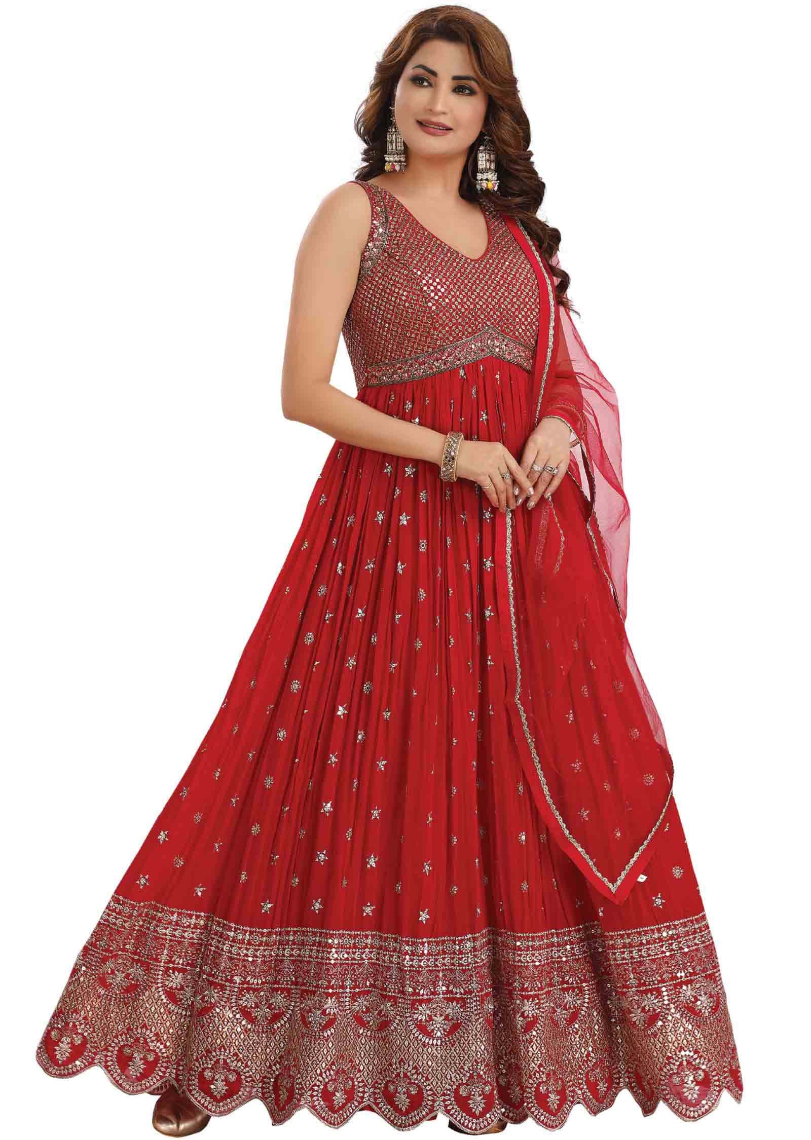 Red Georgette Embroidered Alia cut Anarkali