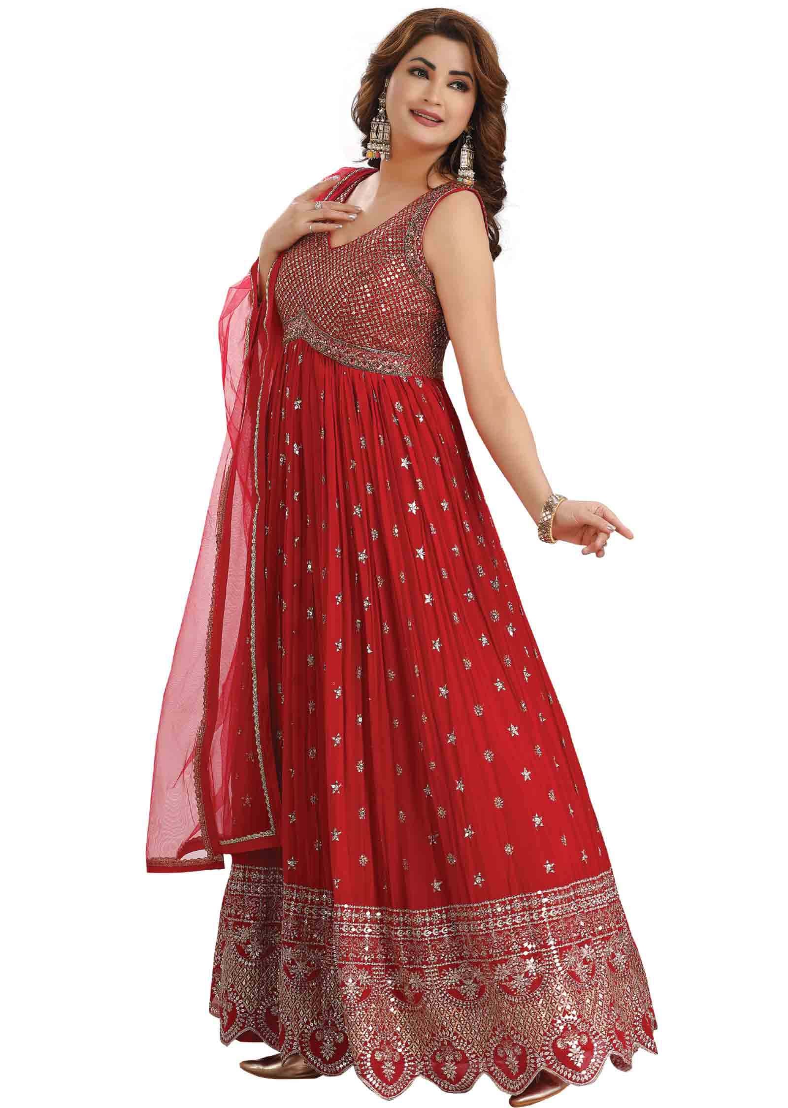 Red Georgette Embroidered Alia cut Anarkali