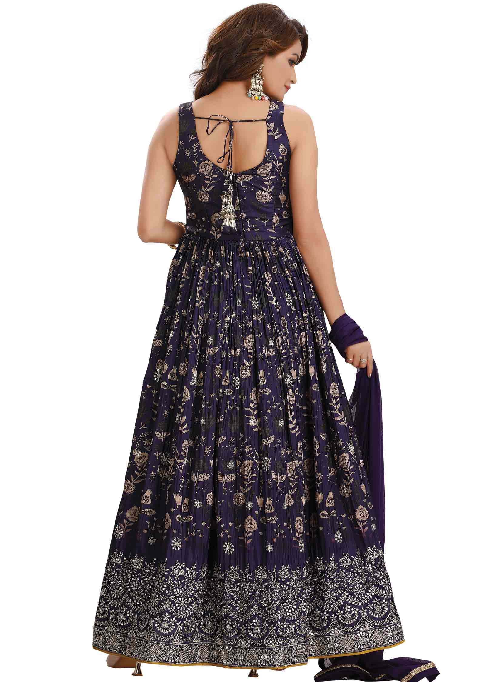 Purple Muslin Embroidered Anarkali