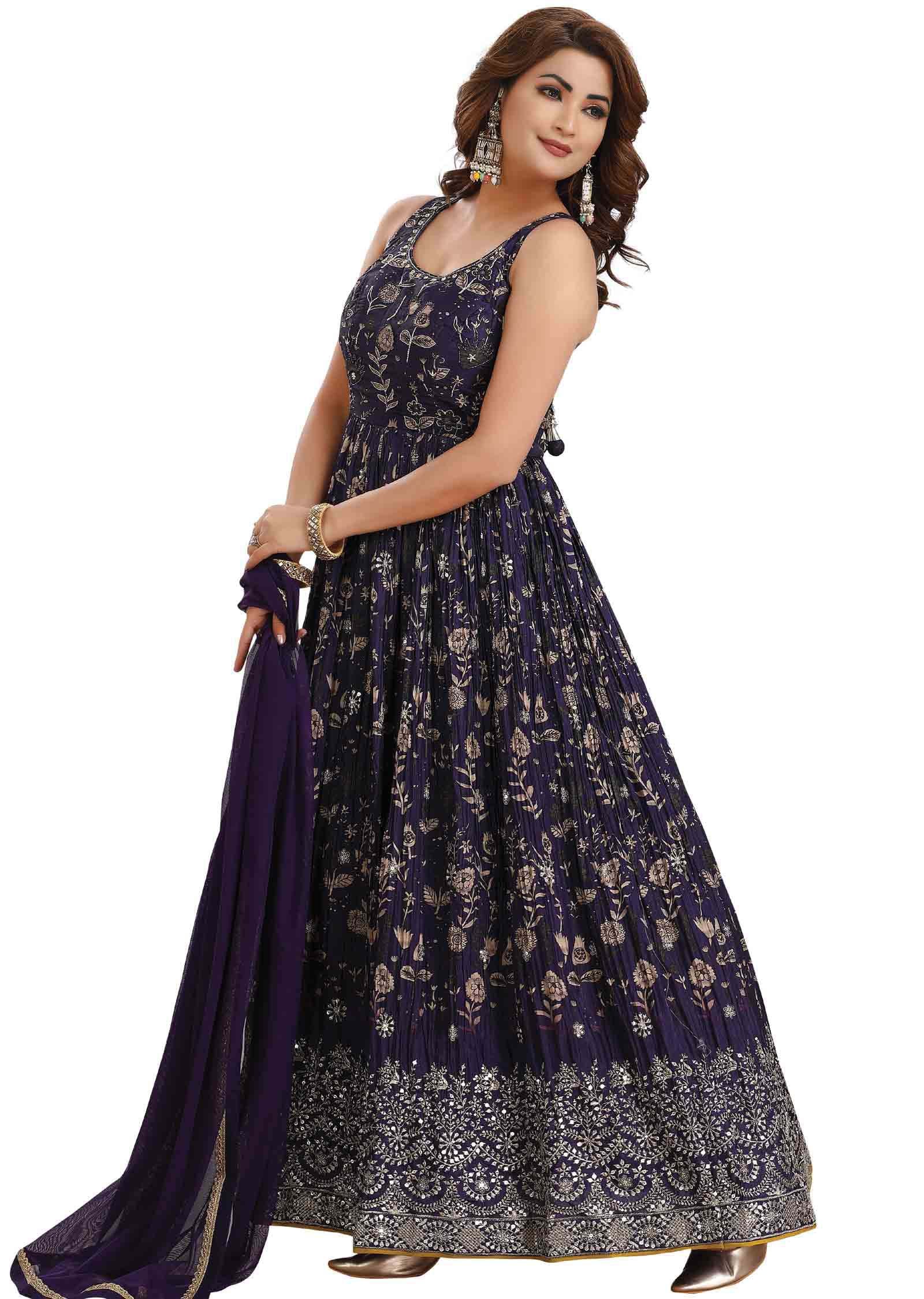 Purple Muslin Embroidered Anarkali