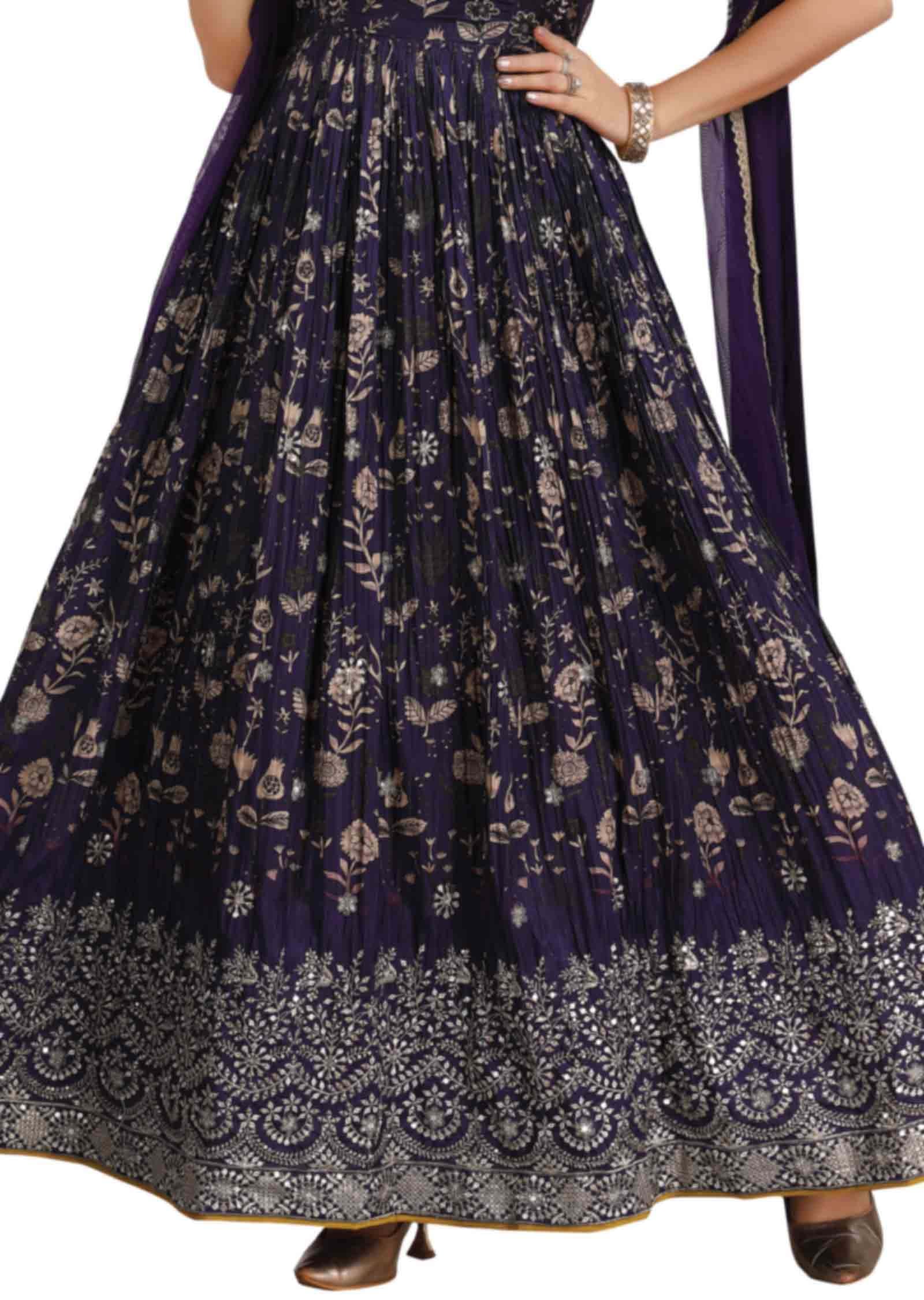 Purple Muslin Embroidered Anarkali