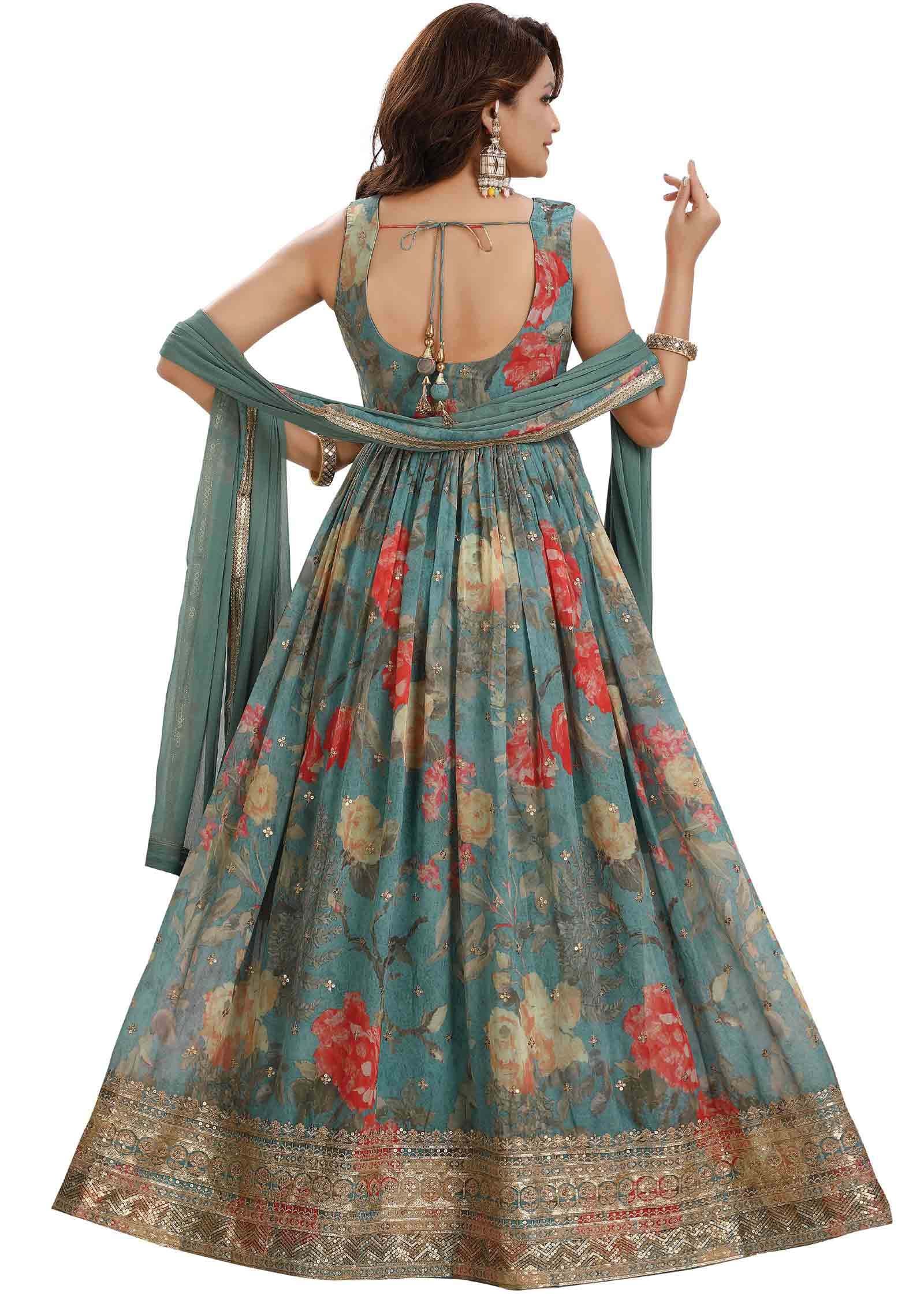 Dusty Green Georgette Embroidered Anarkali