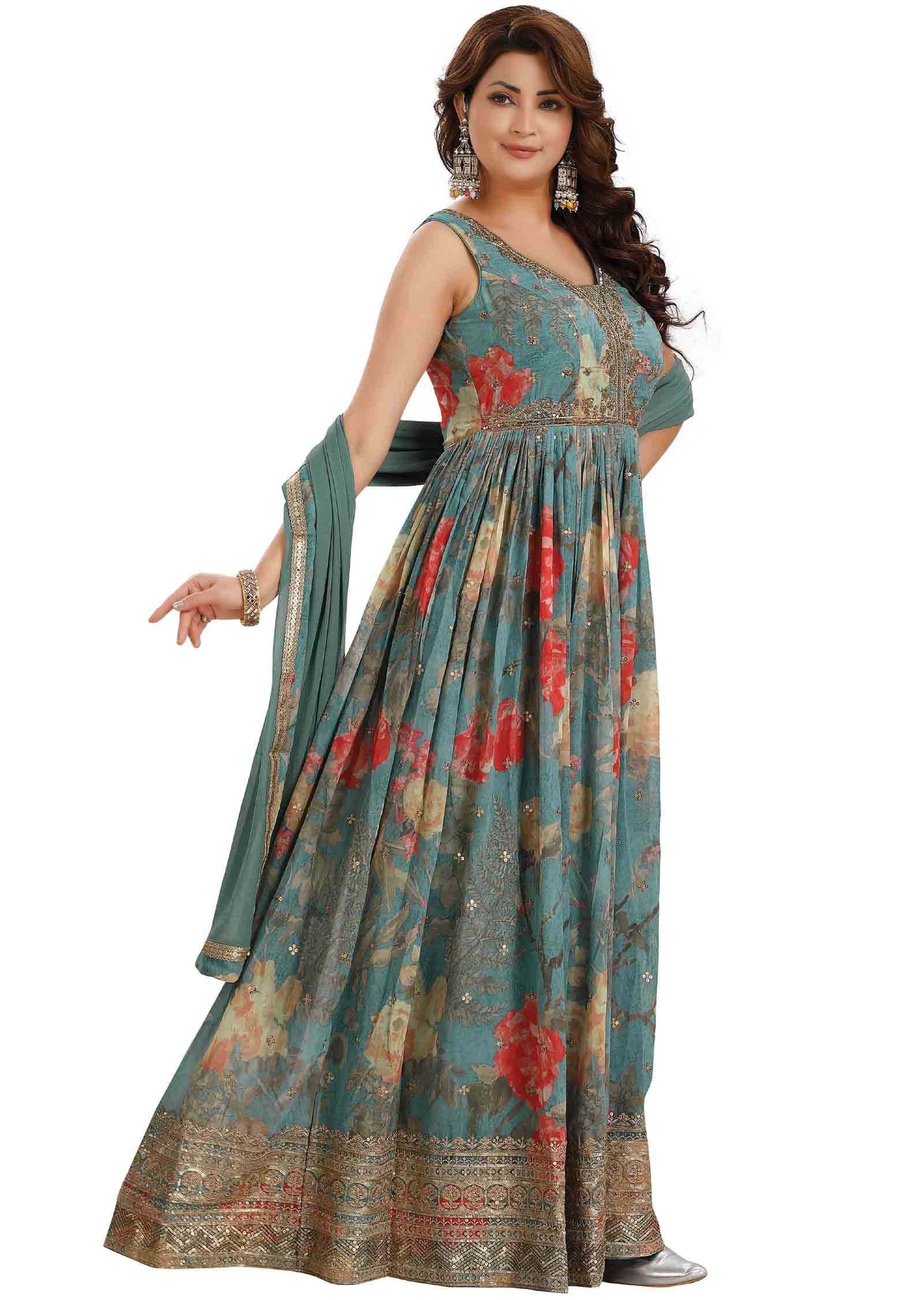 Dusty Green Georgette Embroidered Anarkali