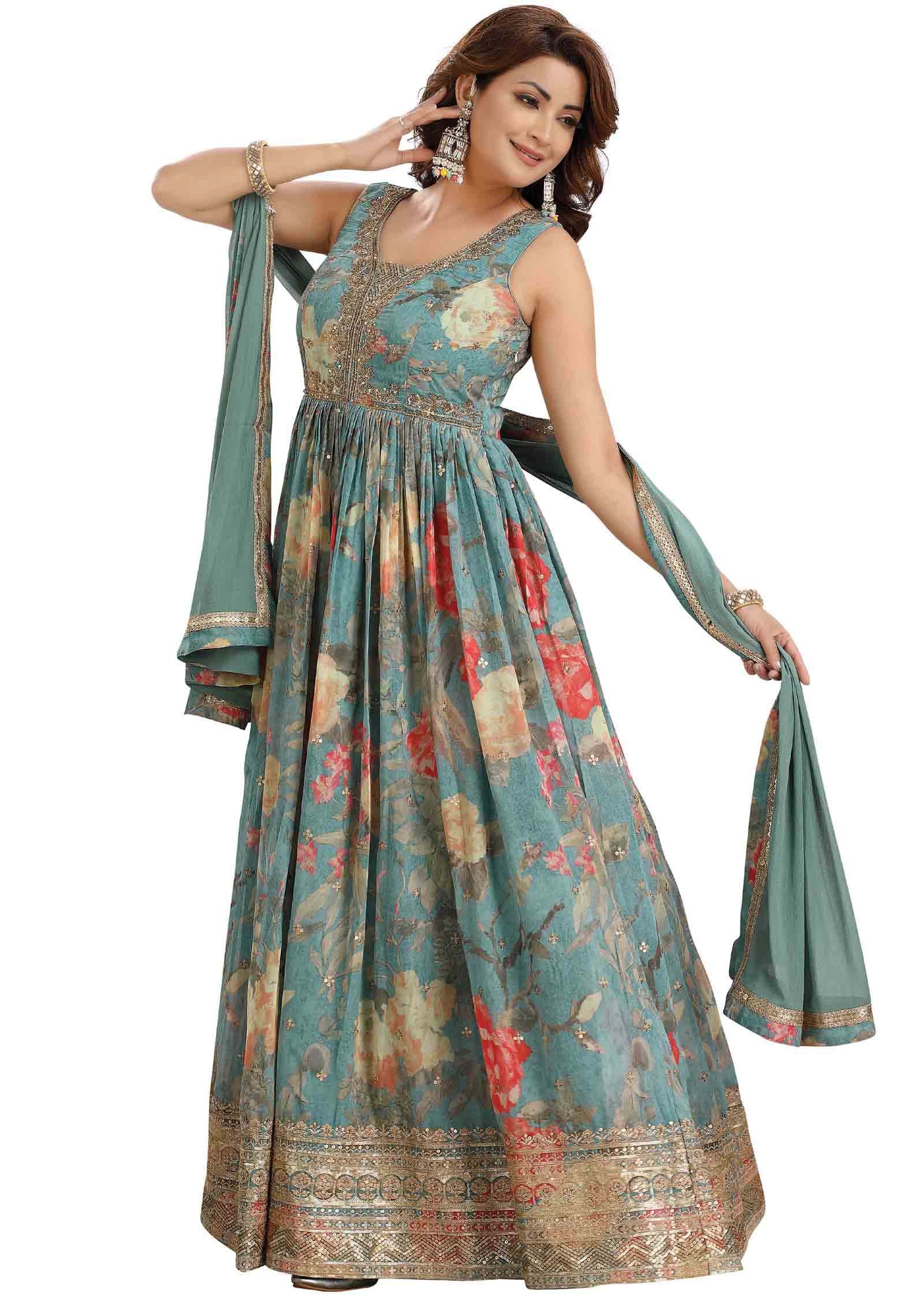 Dusty Green Georgette Embroidered Anarkali