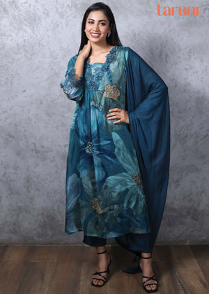 Rama Blue Chinnon Embroidered Anarkali