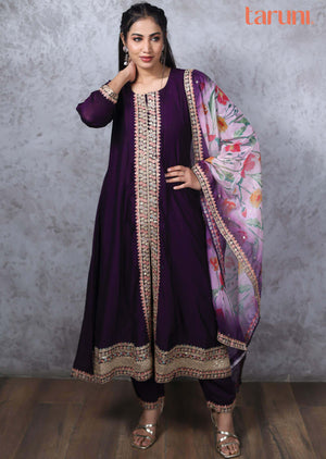 Dark Purple Silk Embroidered Anarkali