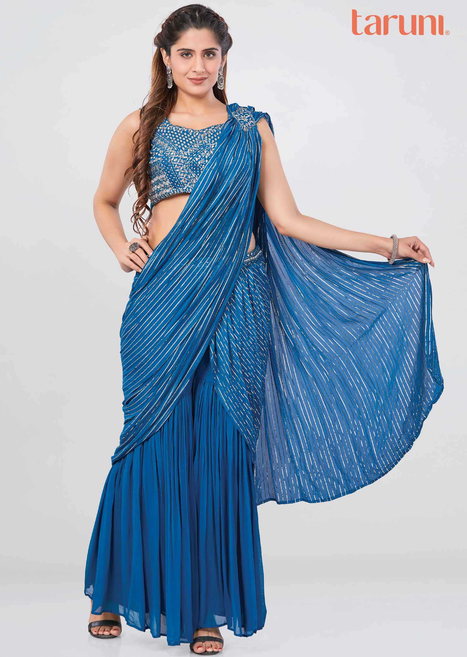 Blue Georgette Gota Work Drape Sharara Saree