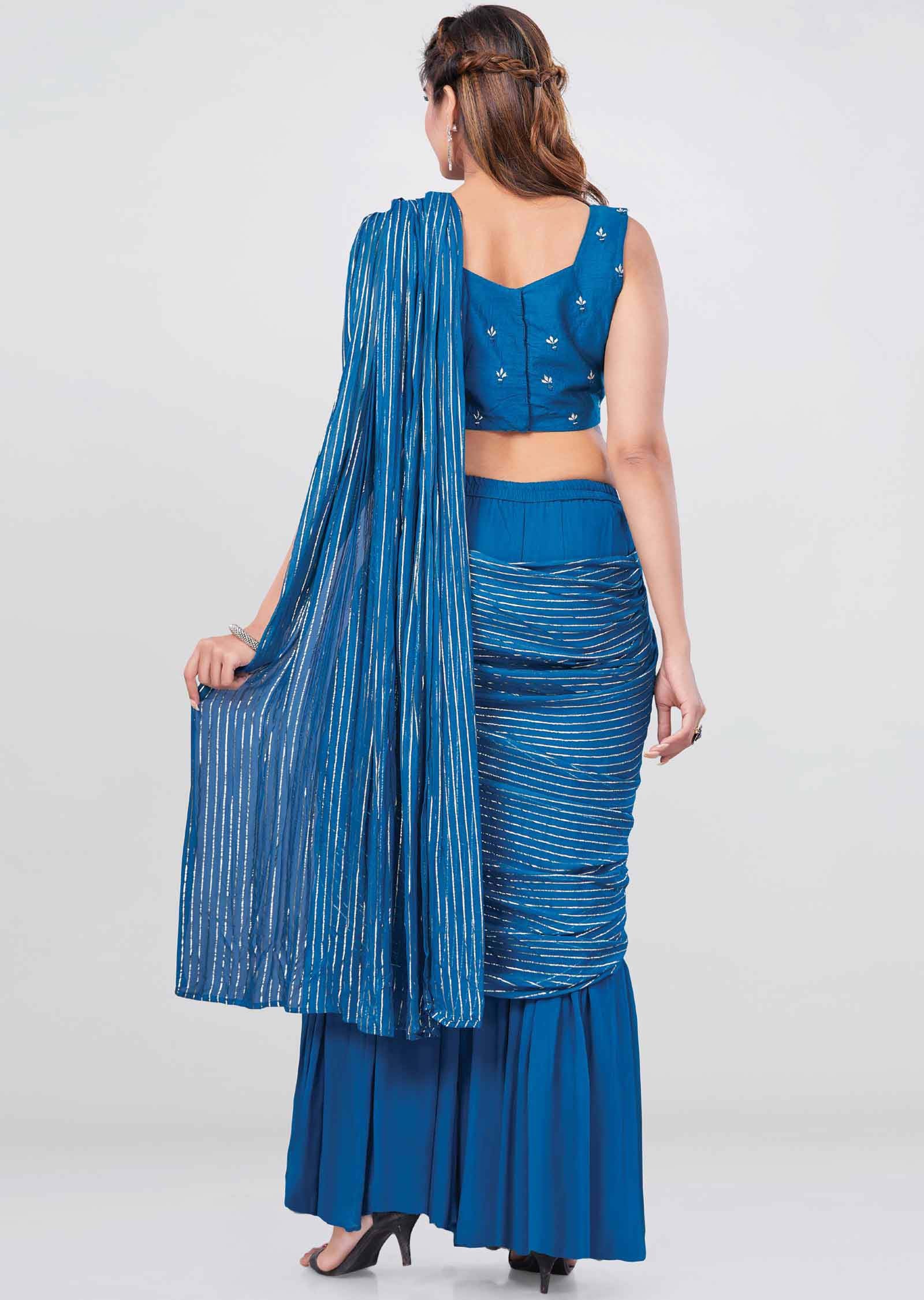 Blue Georgette Gota Work Drape Sharara Saree