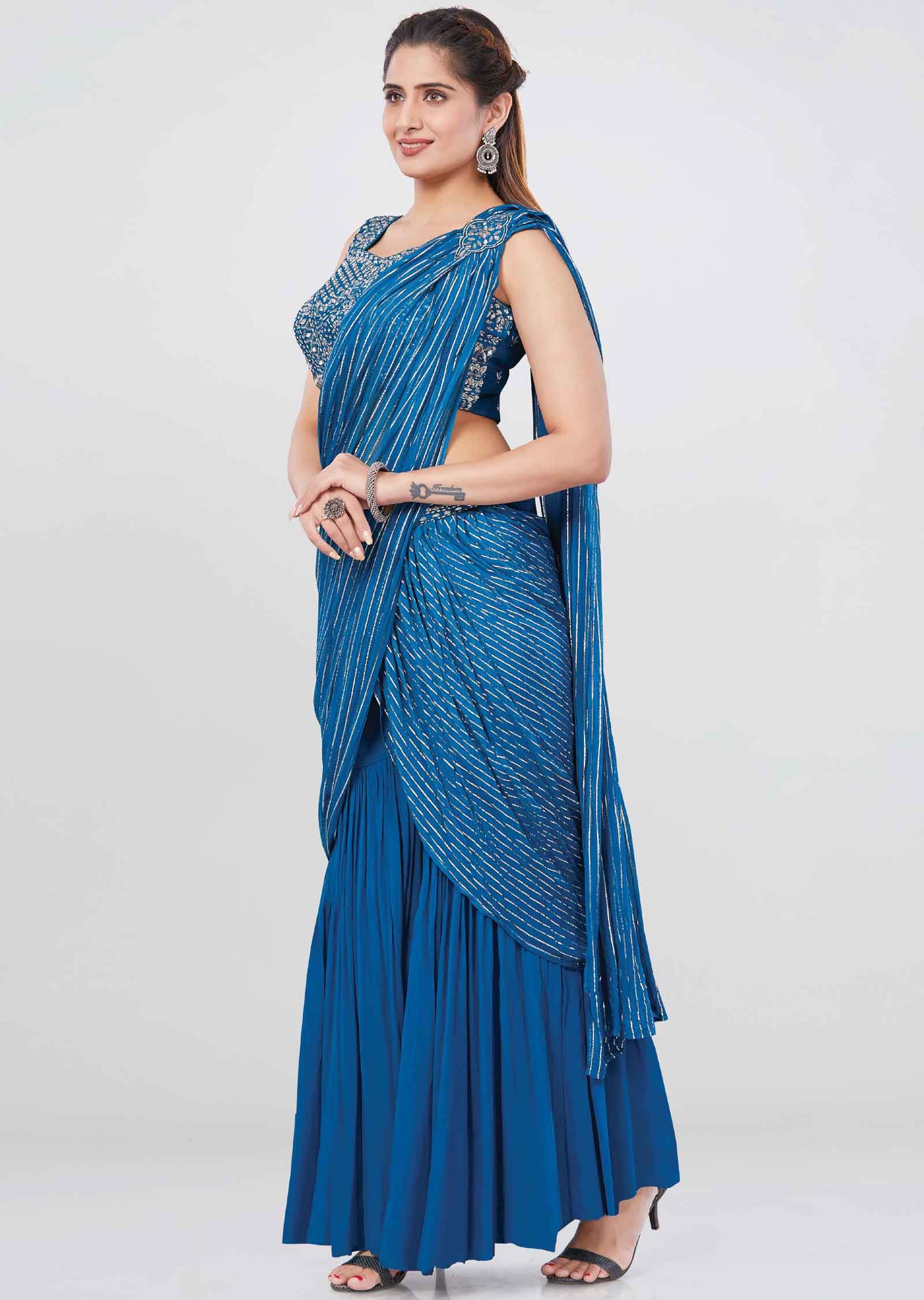 Blue Georgette Gota Work Drape Sharara Saree