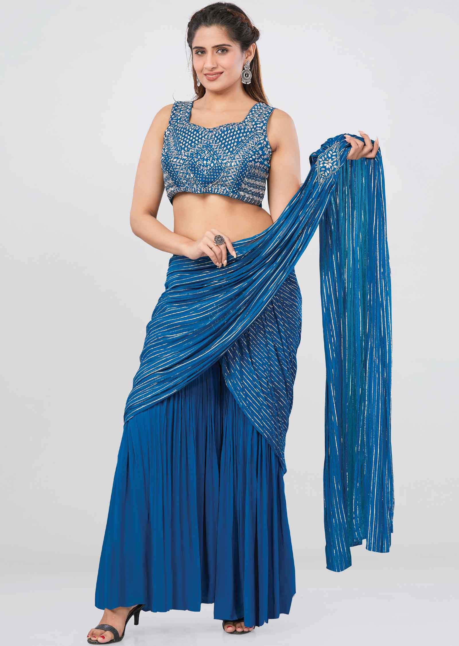 Blue Georgette Gota Work Drape Sharara Saree