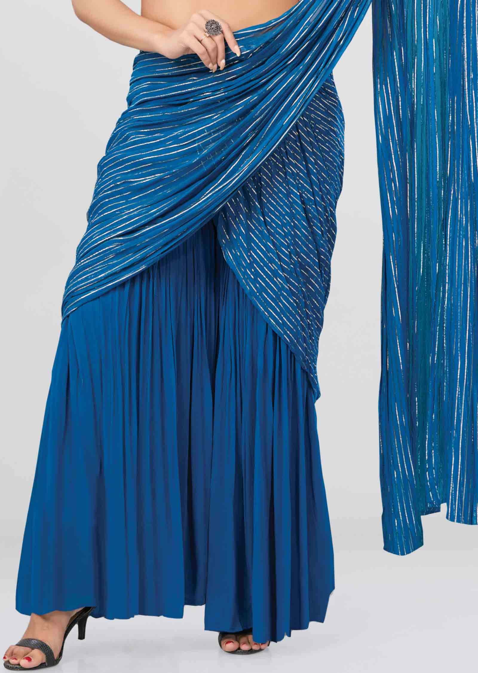 Blue Georgette Gota Work Drape Sharara Saree