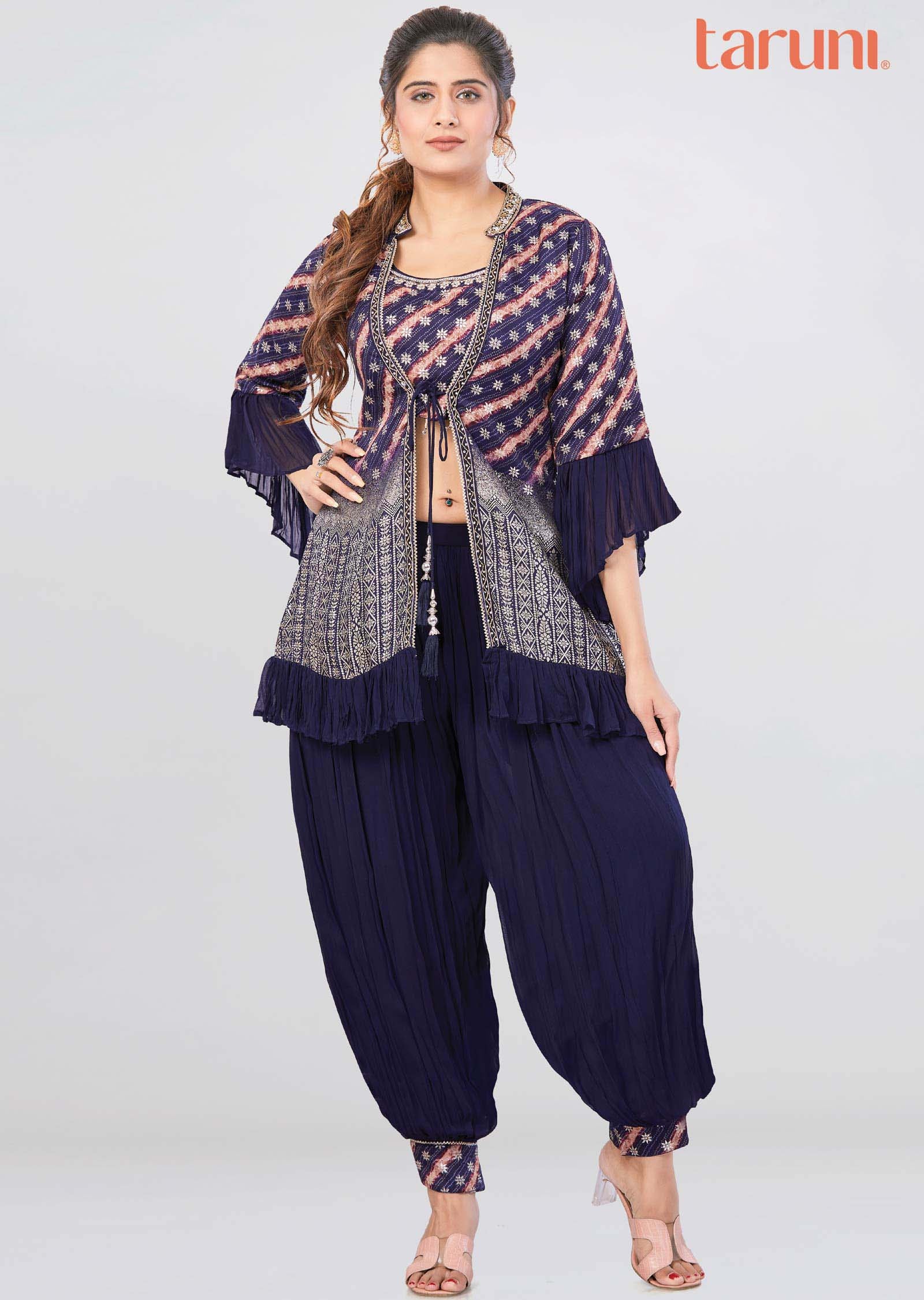 Navy Blue Banaras/Georgette Printed Fusion/Indo-Western Set