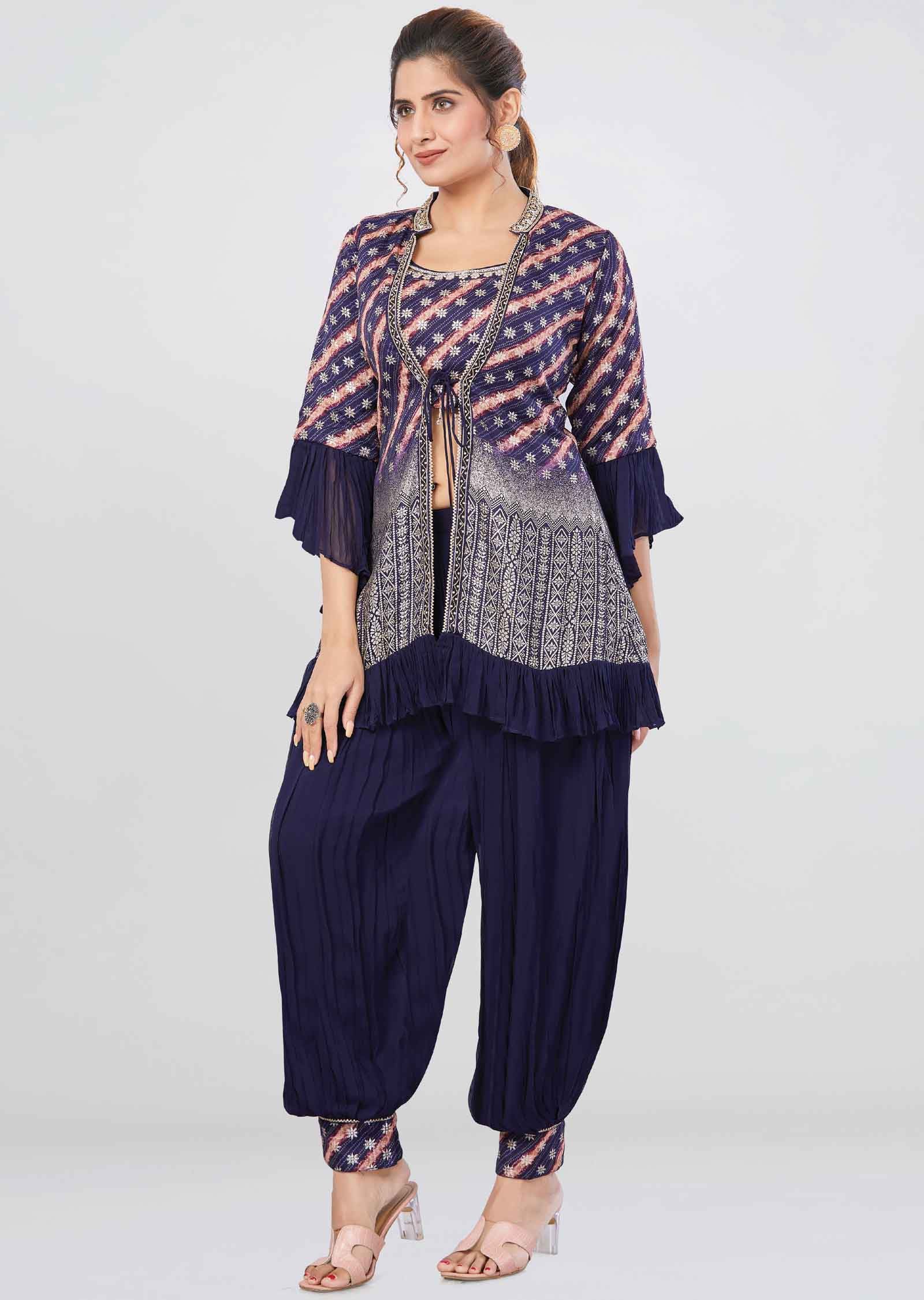 Navy Blue Banaras/Georgette Printed Fusion/Indo-Western Set