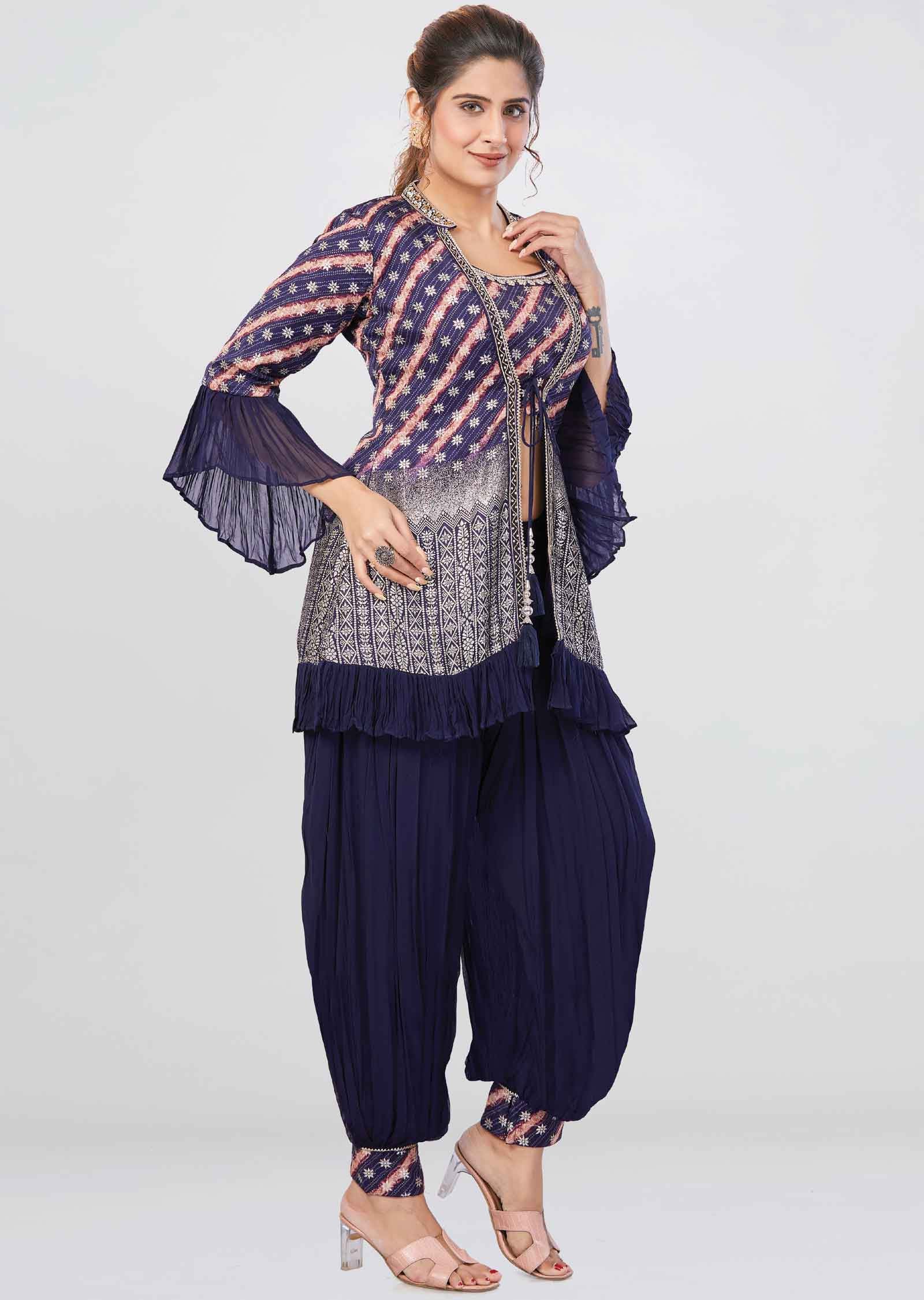 Navy Blue Banaras/Georgette Printed Fusion/Indo-Western Set