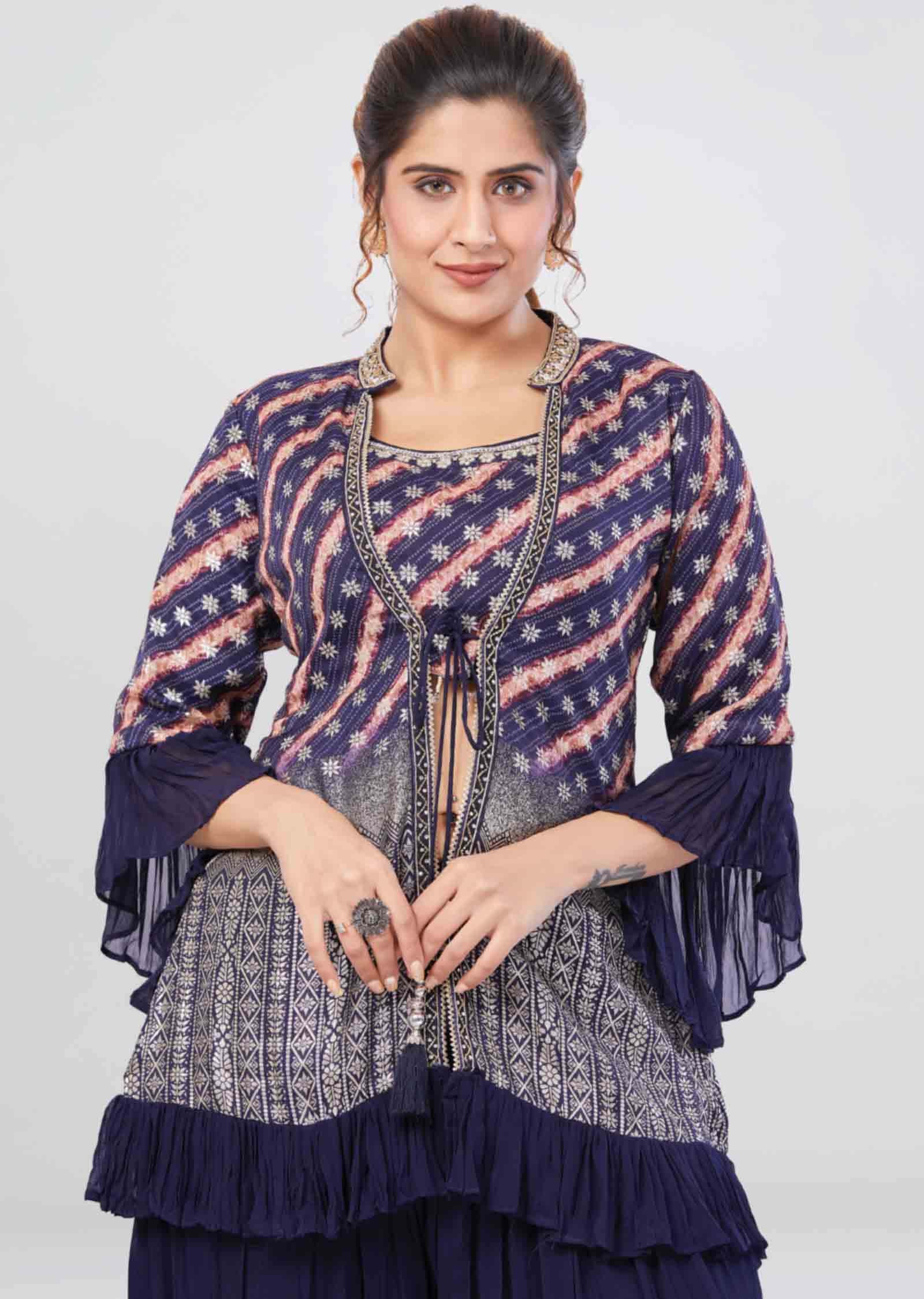 Navy Blue Banaras/Georgette Printed Fusion/Indo-Western Set