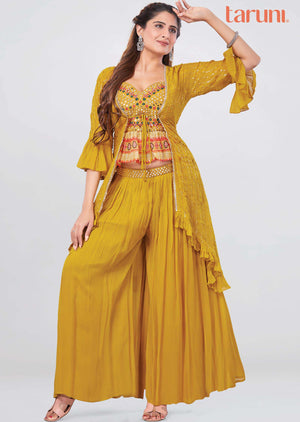 Yellow Georgette Sequins Fusion/Indo-Western Set