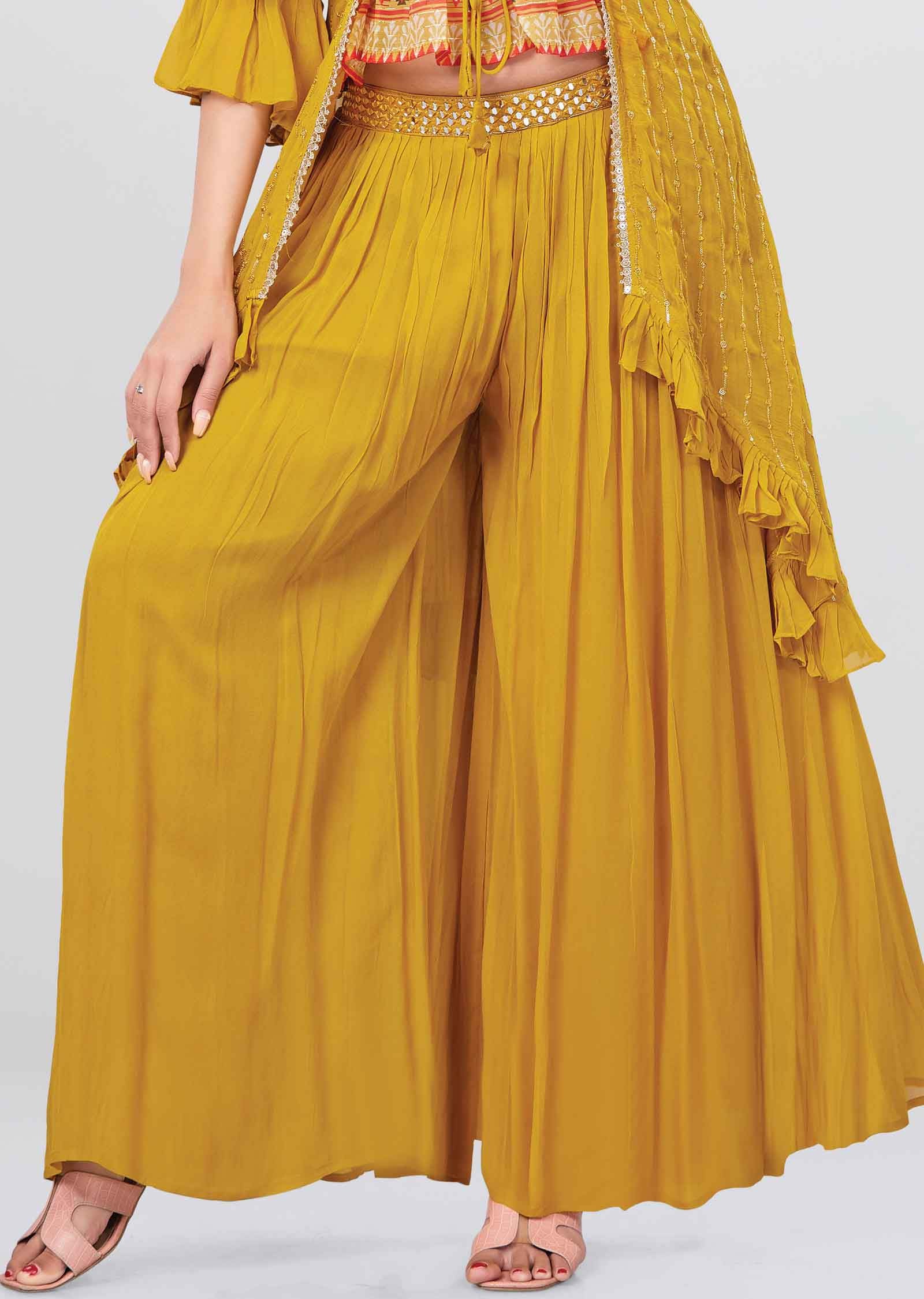 Yellow Georgette Sequins Fusion/Indo-Western Set