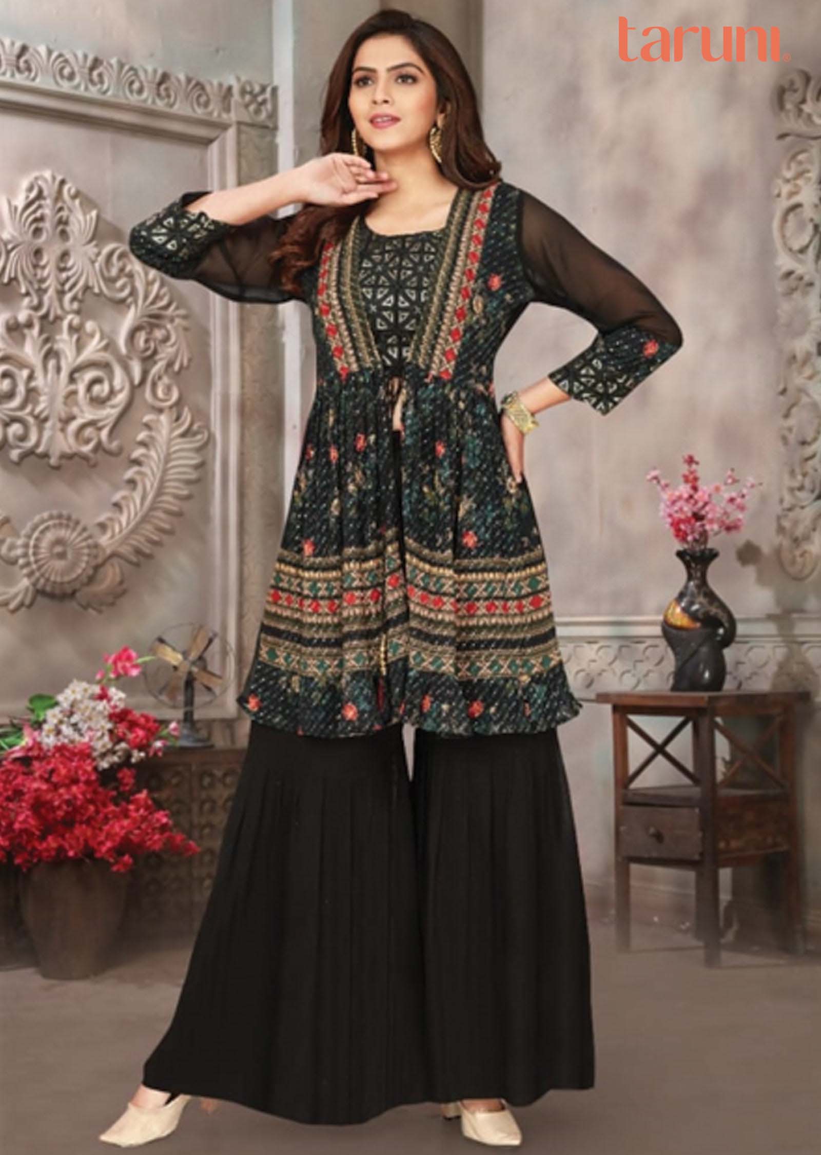 Bottle green Georgette Printed Fusion/Indo-Western Set
