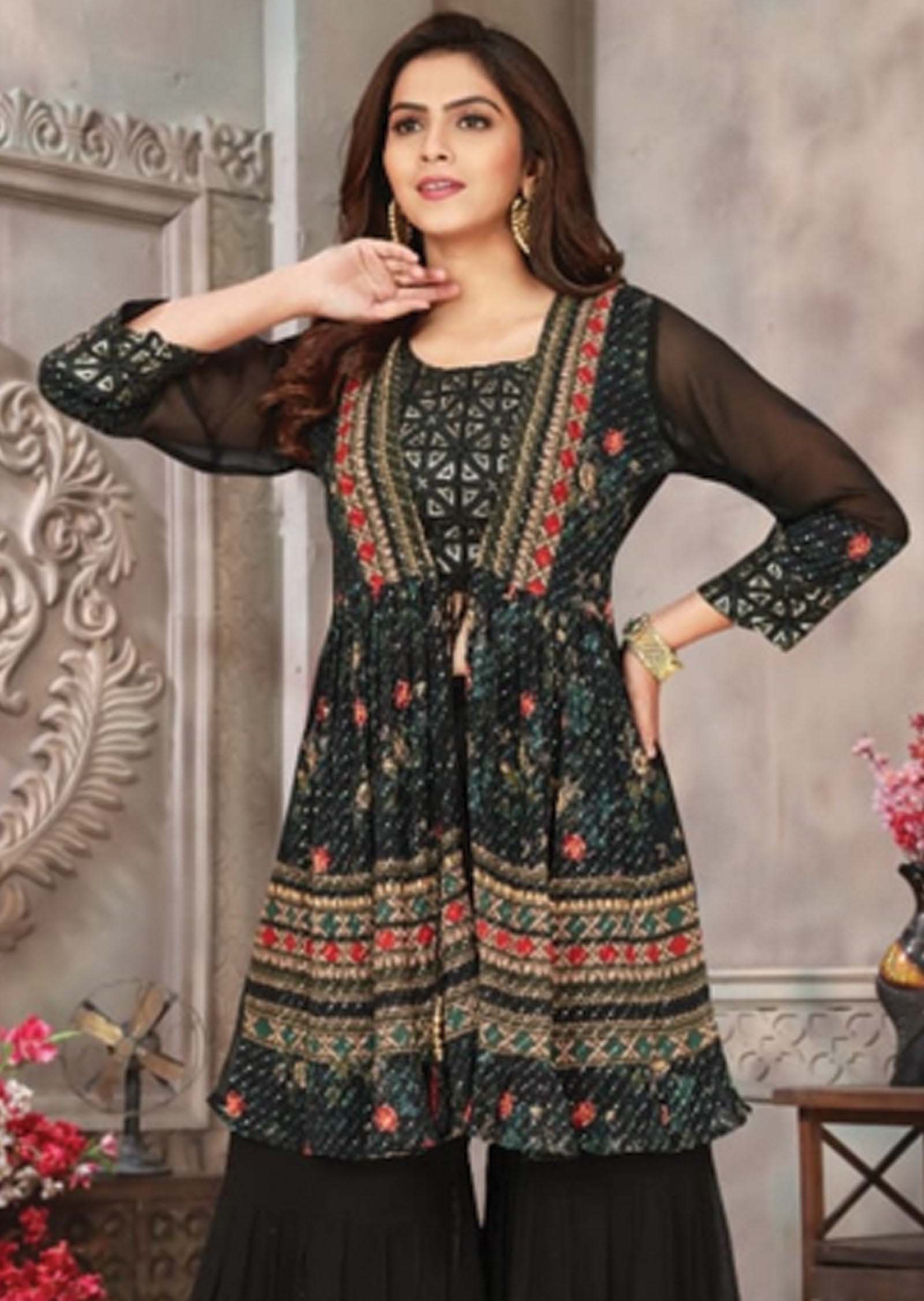 Bottle green Georgette Printed Fusion/Indo-Western Set