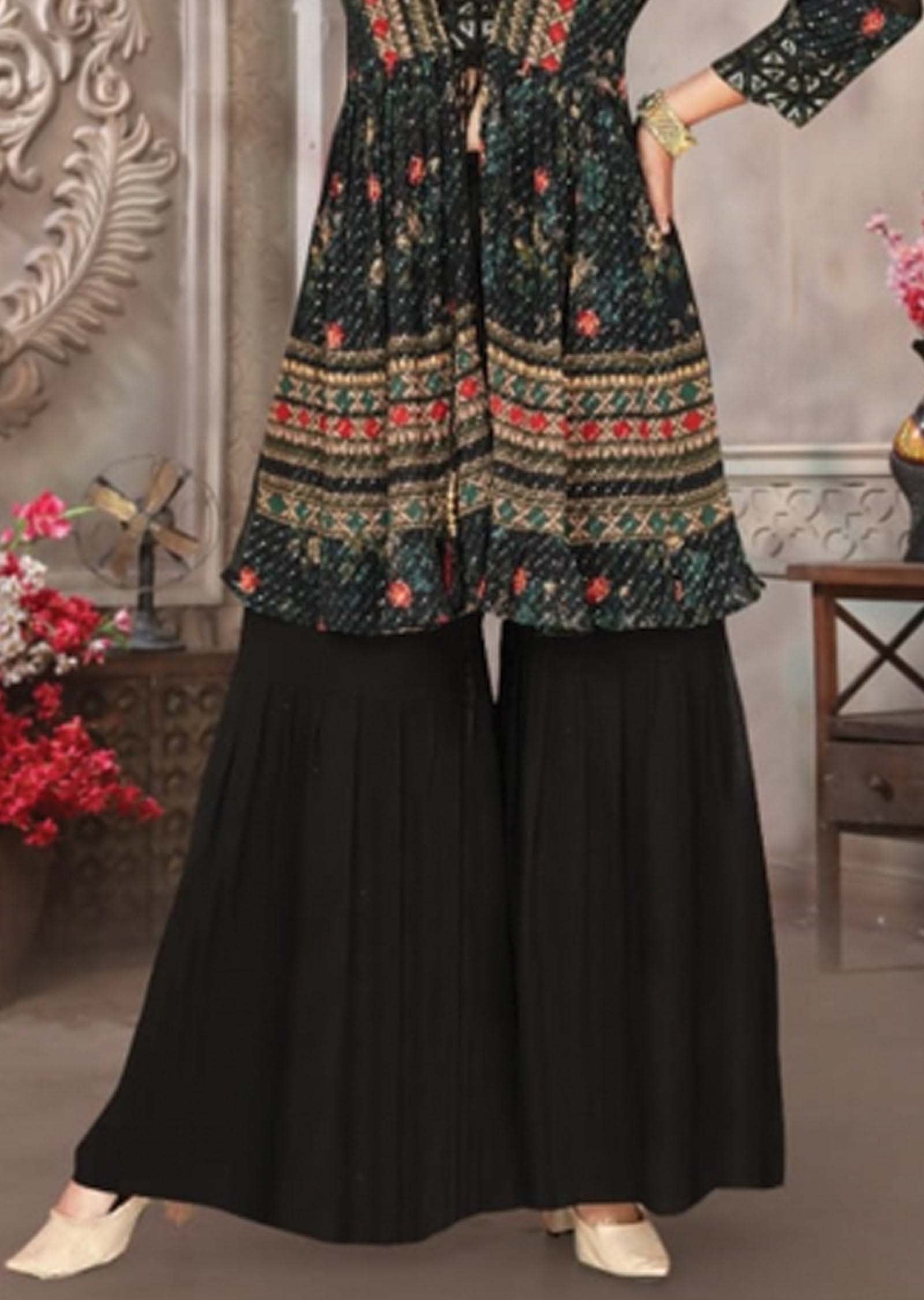 Green Georgette Fusion Indo-Western Outfit