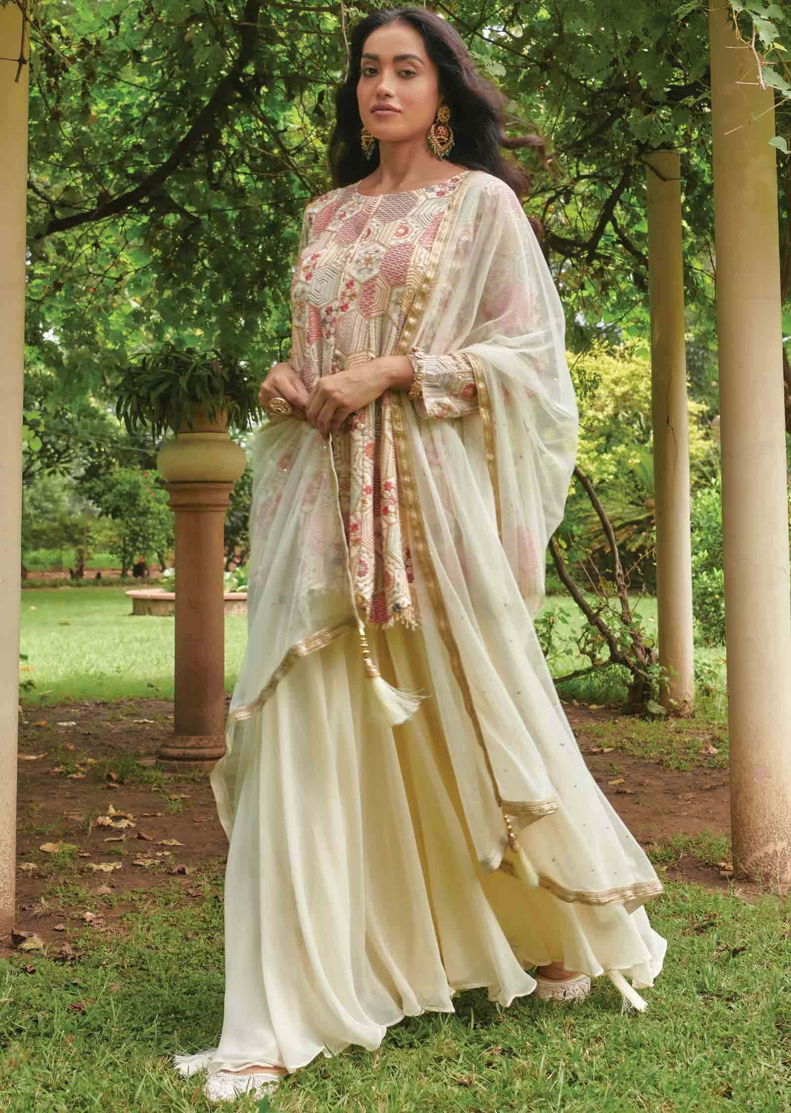 Cream Georgette Embroidered Pallazo Suit