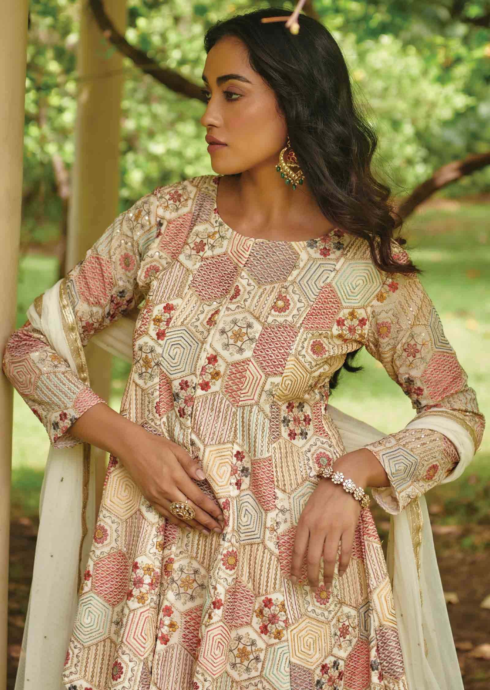 Cream Georgette Embroidered Pallazo Suit