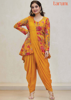 Yellow Chinnon Embroidered Fusion/Indo-Western Set