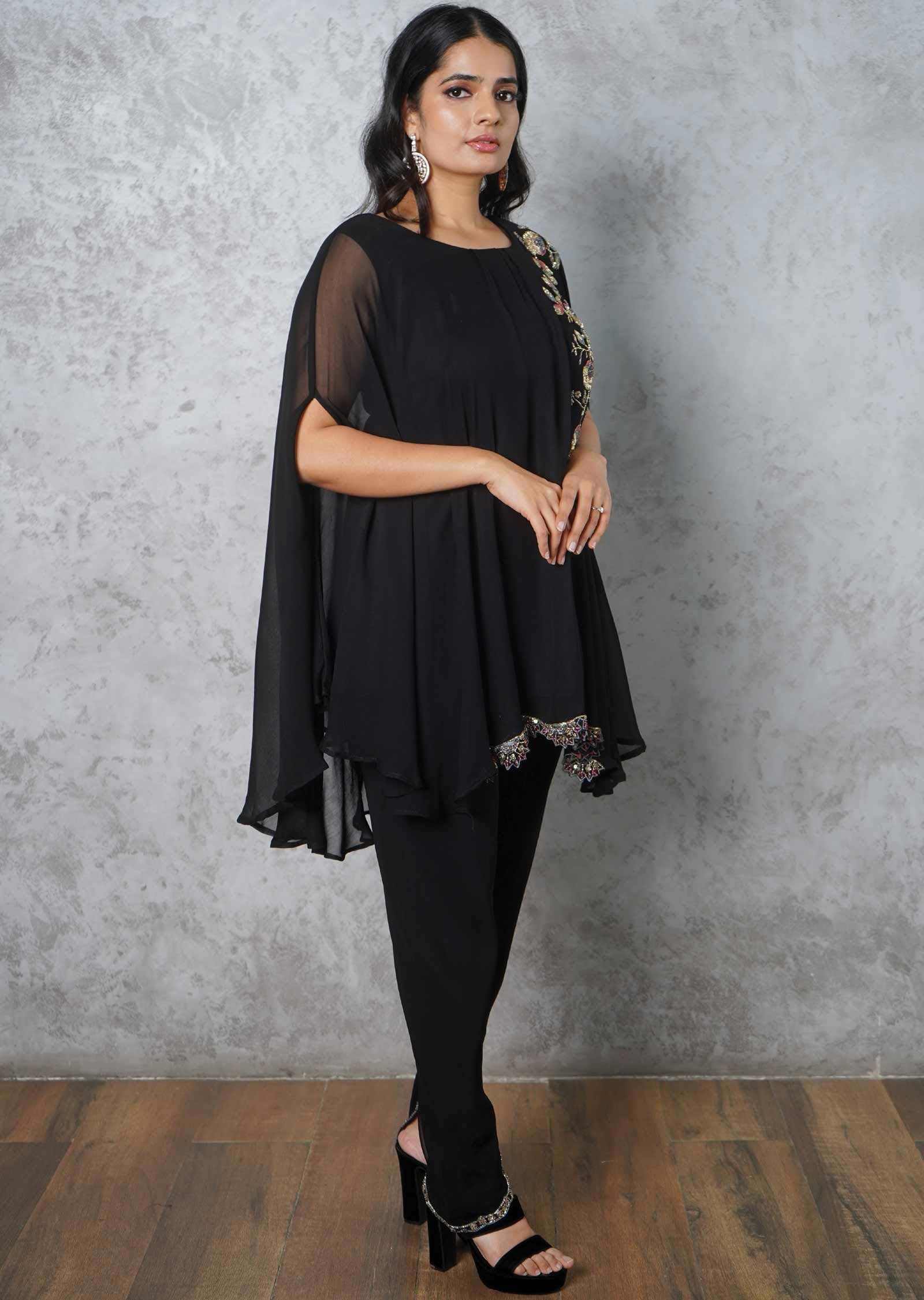 Black Georgette Embroidered Fusion/Indo-Western Set