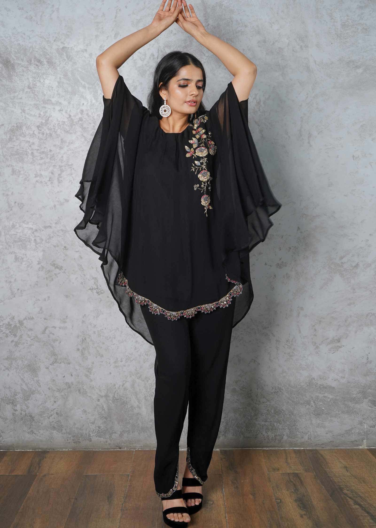 Black Georgette Embroidered Fusion/Indo-Western Set