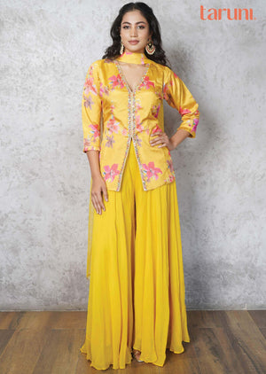 Yellow Chinnon Printed Fusion/Indo-Western Set