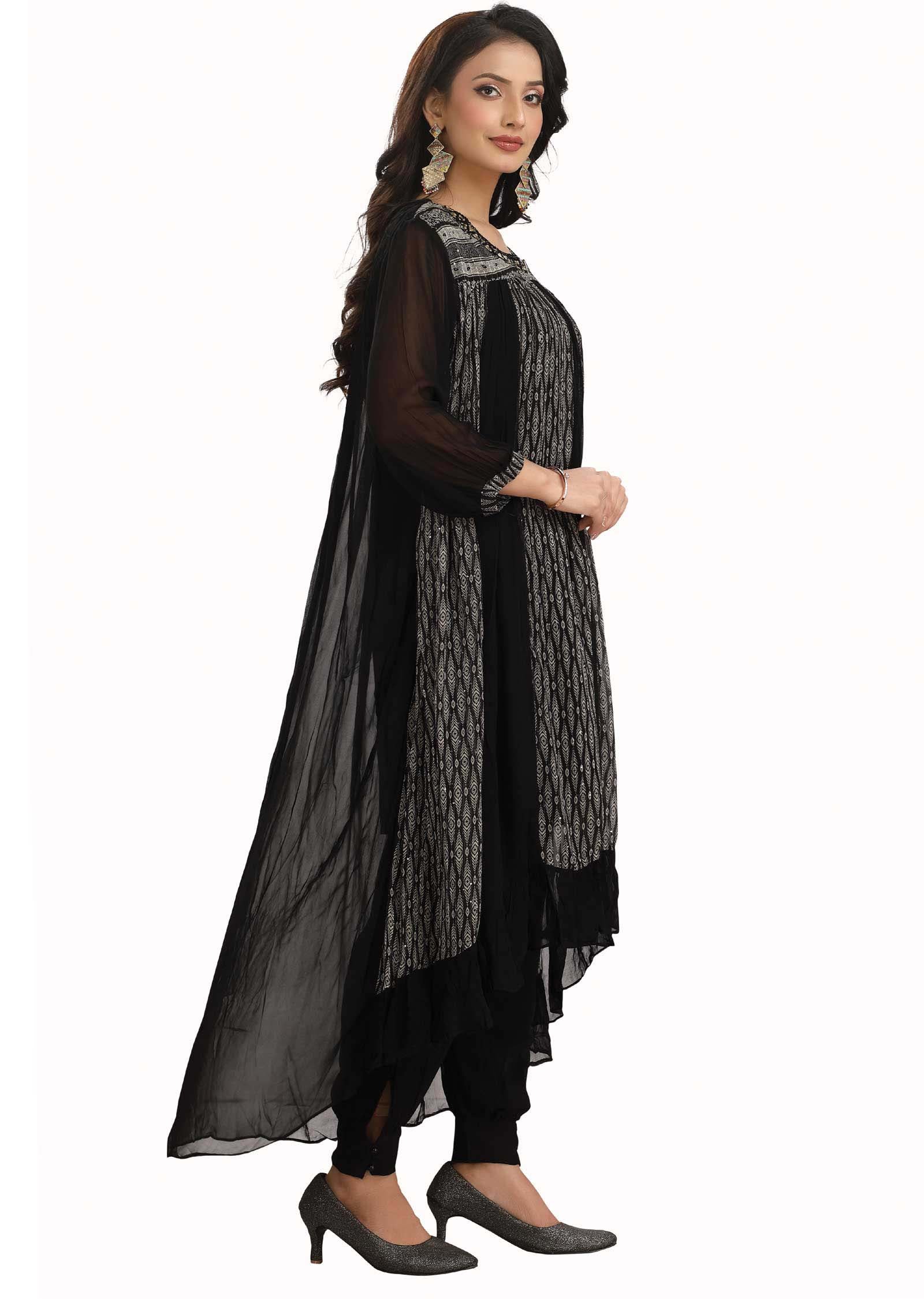 Black Georgette Printed Fusion/Indo-Western Set