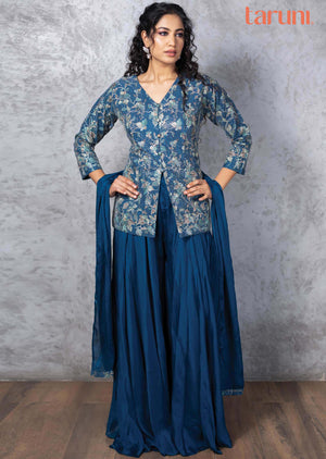 Blue Chinnon Embroidered Fusion/Indo-Western Set