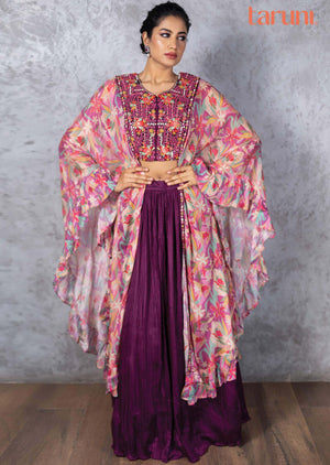 Purple Chinnon Embroidered Fusion/Indo-Western Set