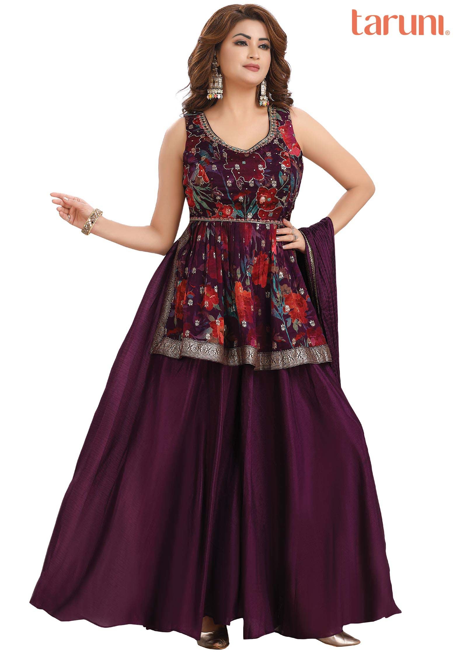 Purple Banaras Organza Embroidered Fusion/Indo-Western Set