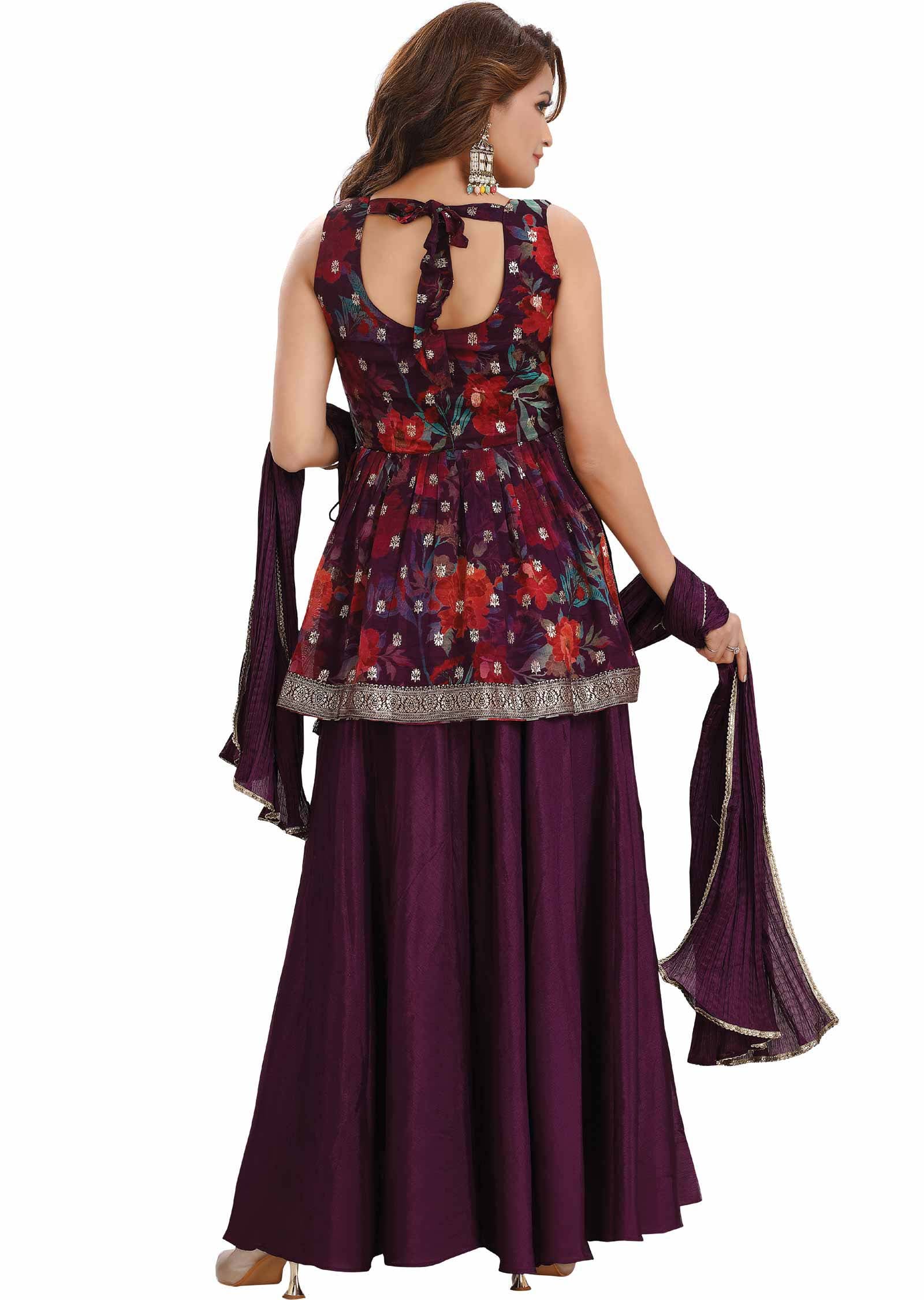 Purple Banaras Organza Embroidered Fusion/Indo-Western Set