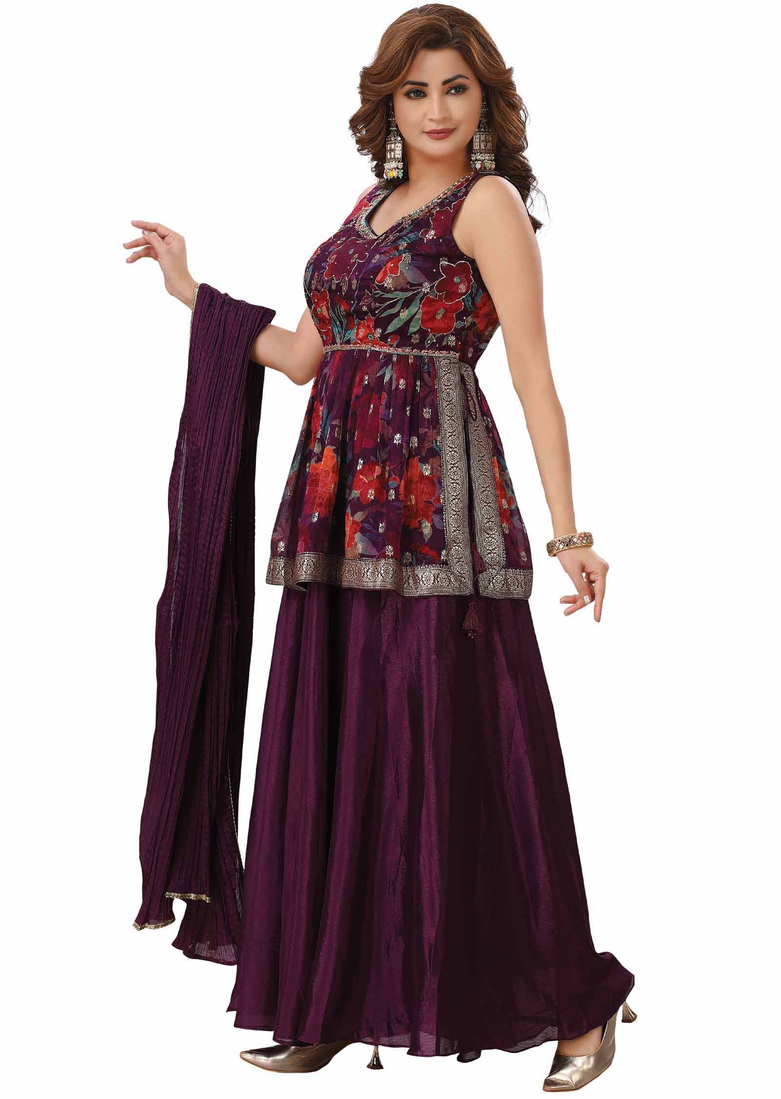 Purple Banaras Organza Embroidered Fusion/Indo-Western Set