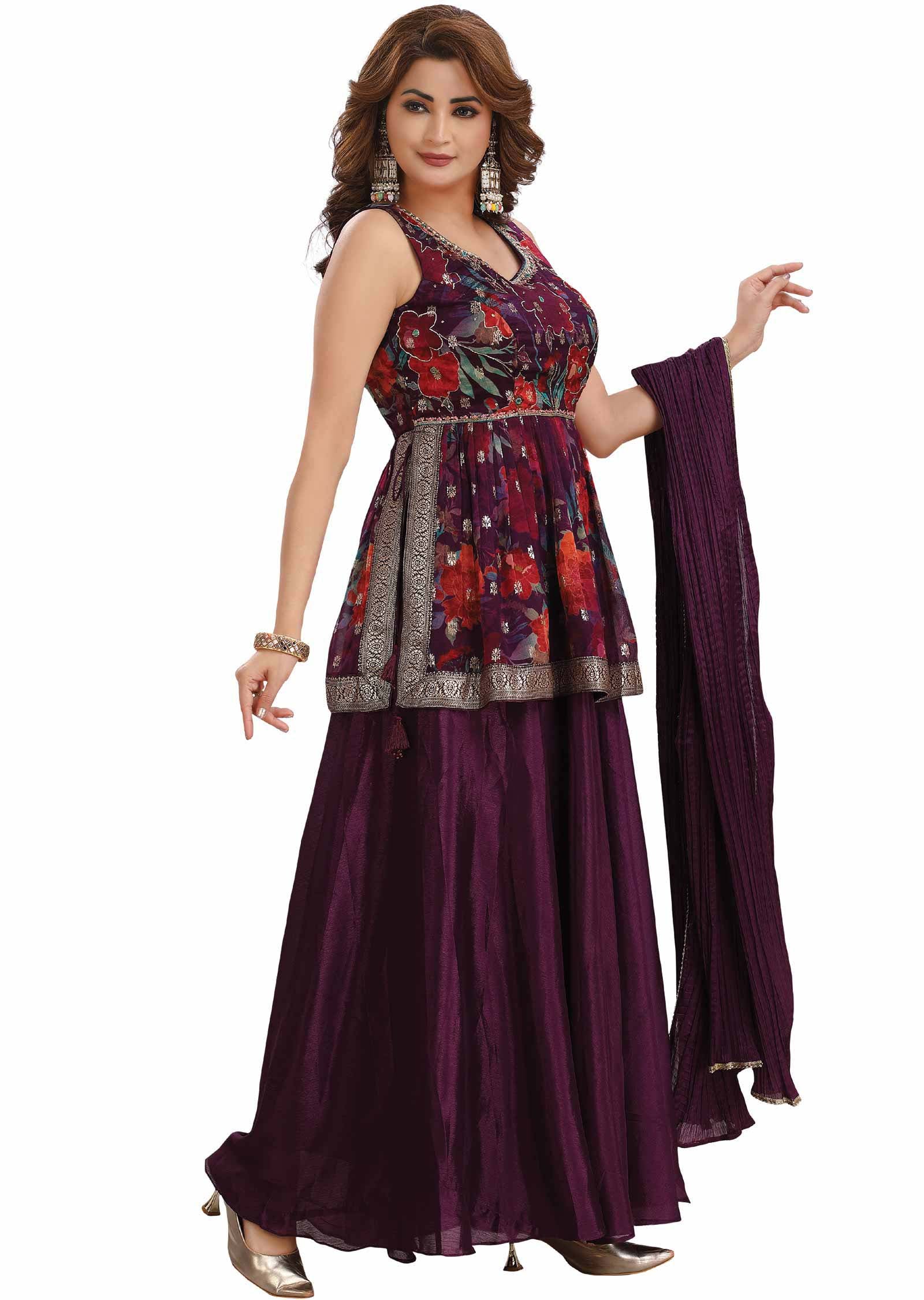 Purple Banaras Organza Embroidered Fusion/Indo-Western Set