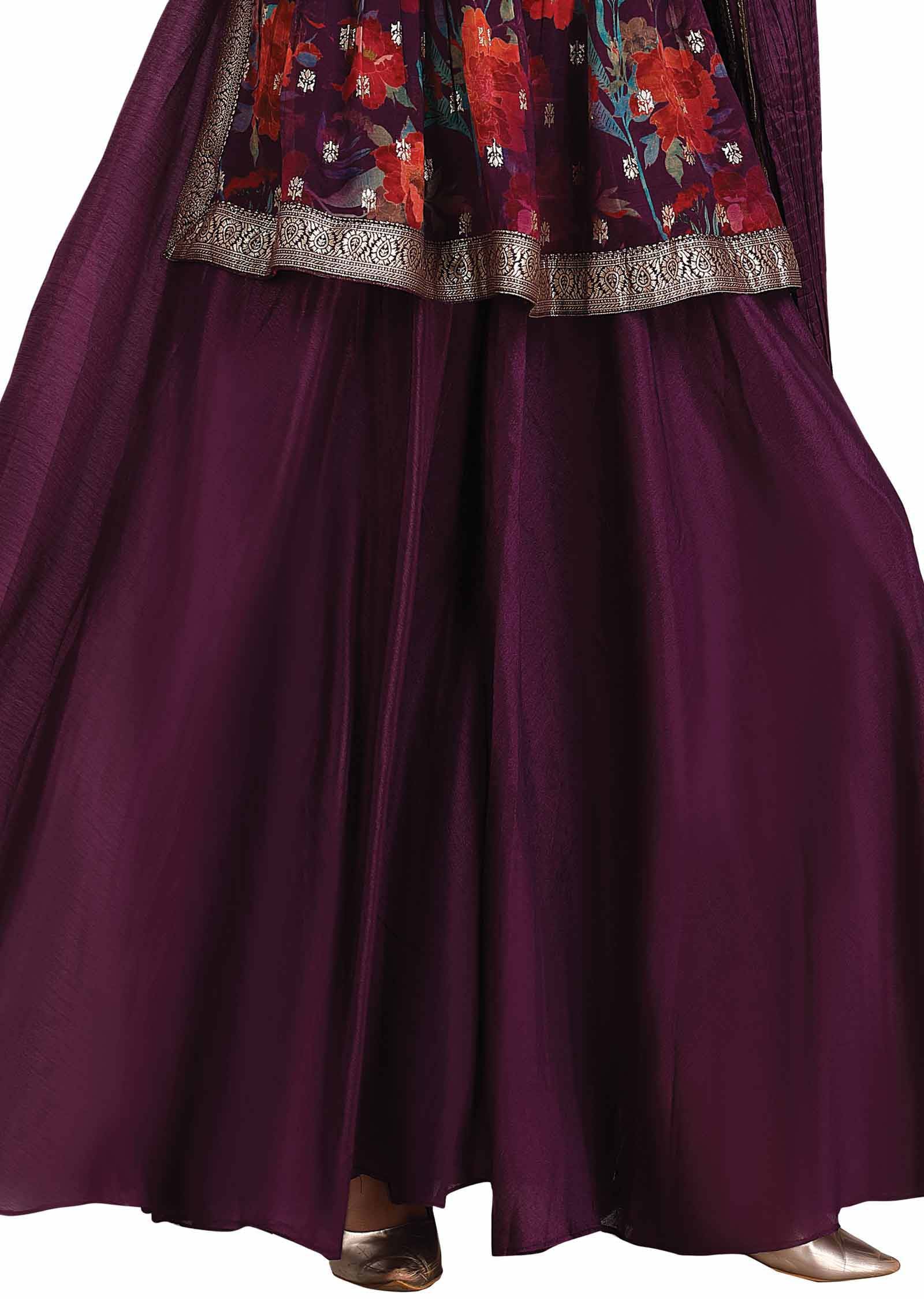 Purple Banaras Organza Embroidered Fusion/Indo-Western Set