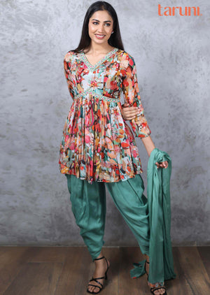 Green Chinnon Zardosi & Embroidered Fusion/Indo-Western Set